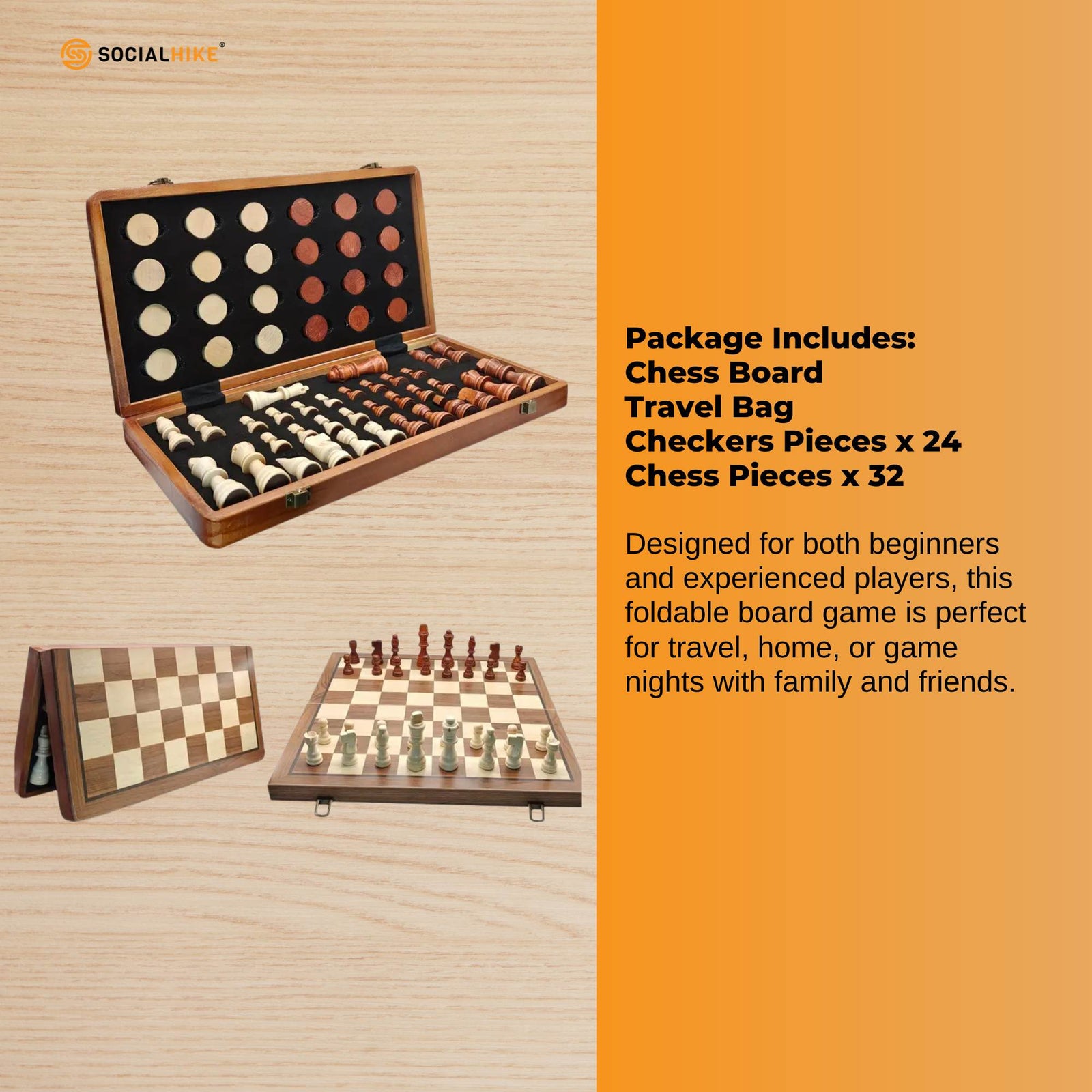 Social Hike Wooden Chess & Checkers 2 in 1 – Magnetic Travel Foldable Board Game