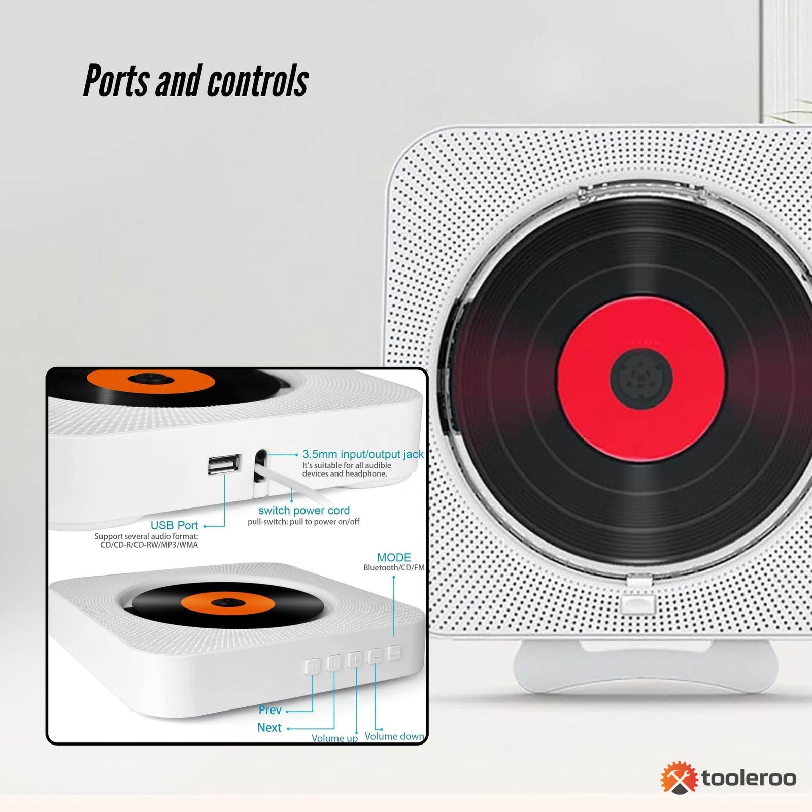 Tooleroo Wall Mountable CD Player Speaker - Bluetooth HiFi FM Radio White