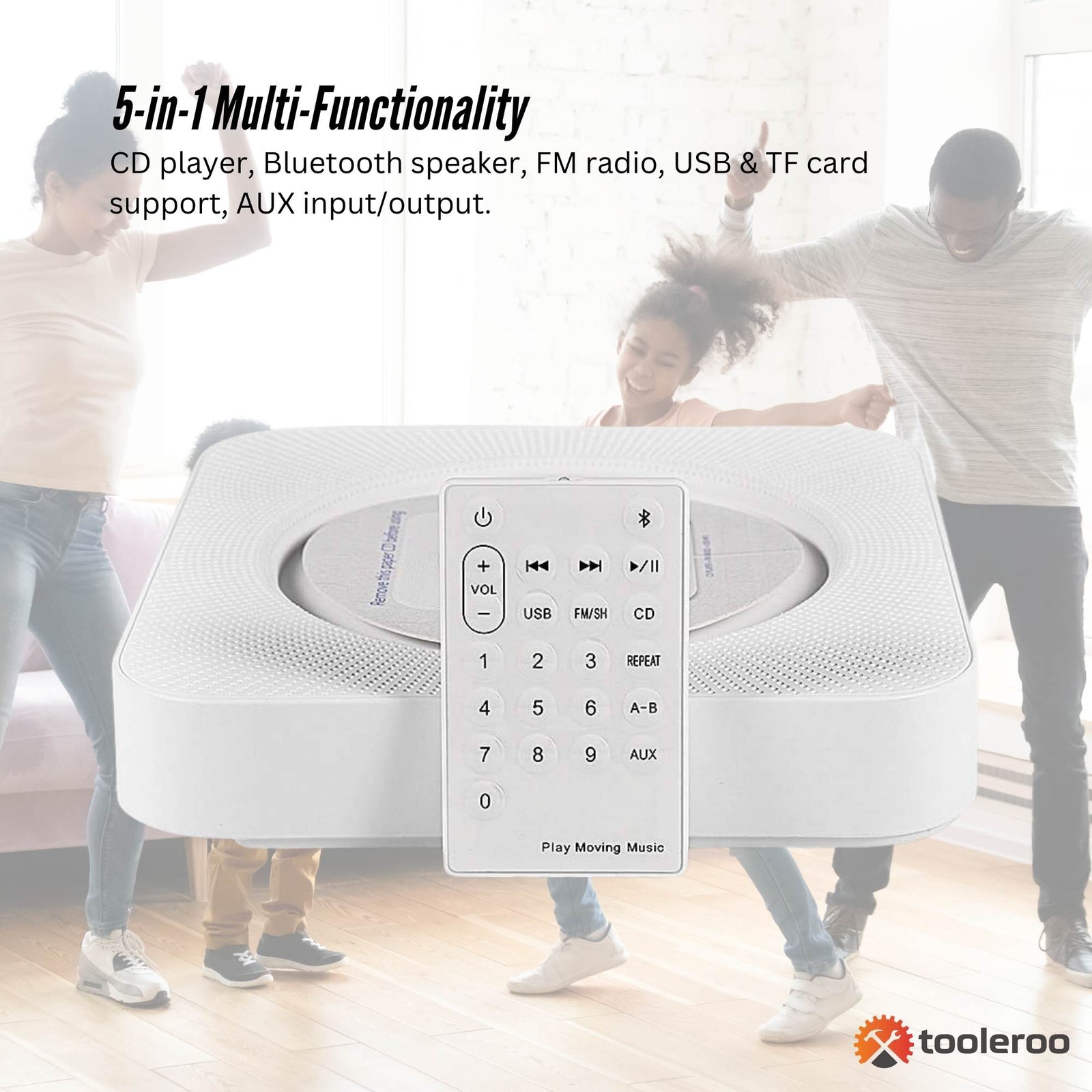 Tooleroo Wall Mountable CD Player Speaker - Bluetooth HiFi FM Radio White