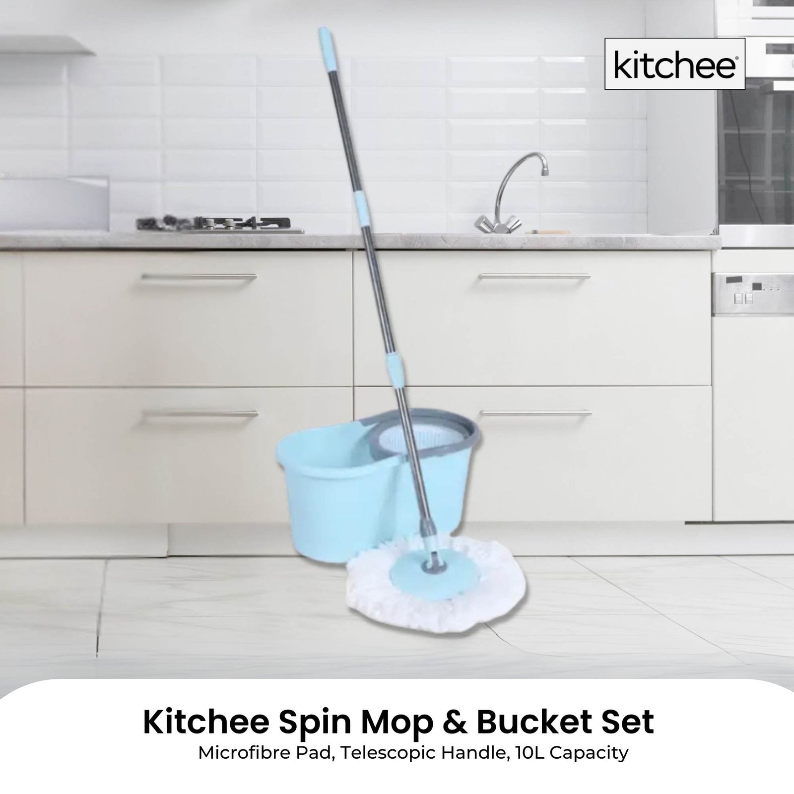 Kitchee Spin Mop & Bucket Set – Microfibre Pad, Telescopic Handle, 10L Capacity