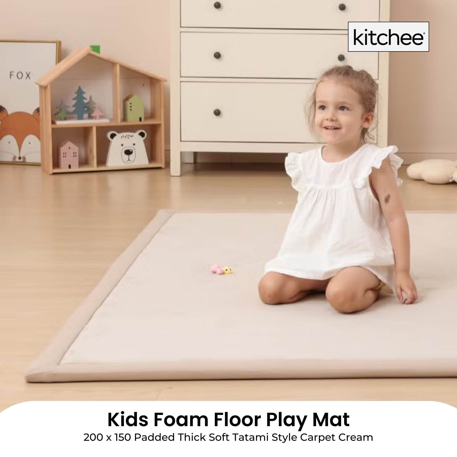 Kitchee Kids Foam Floor Play Mat 150x200cm – Padded Thick Soft Tatami Style Cream