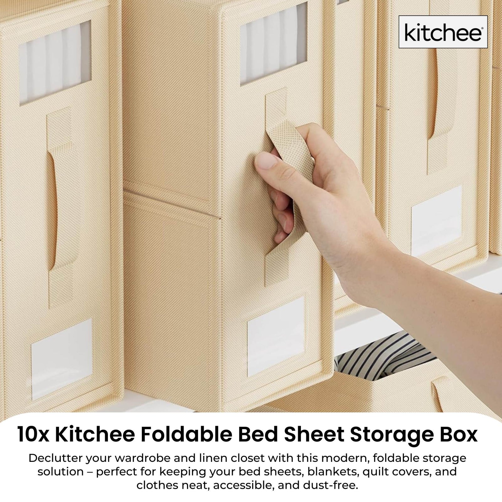 10x Kitchee Foldable Bed Sheet Storage Box – Linen & Closet Organiser Beige