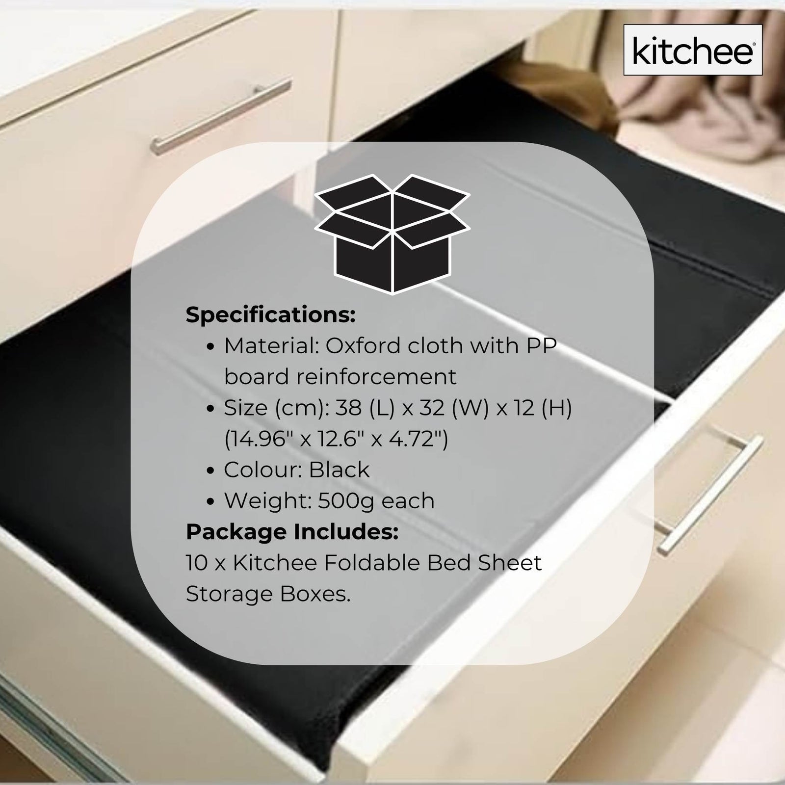 10x Kitchee Foldable Bed Sheet Storage Box – Linen & Closet Organiser Black