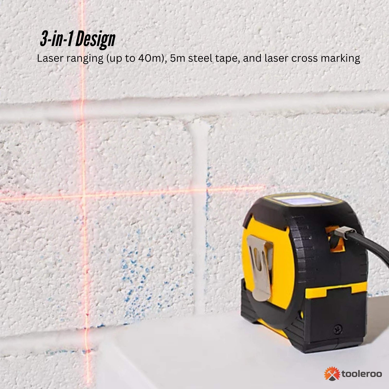 Tooleroo 40m Digital Laser Tape Measure + 5m Steel Tape – 3-in-1 Cross Marking