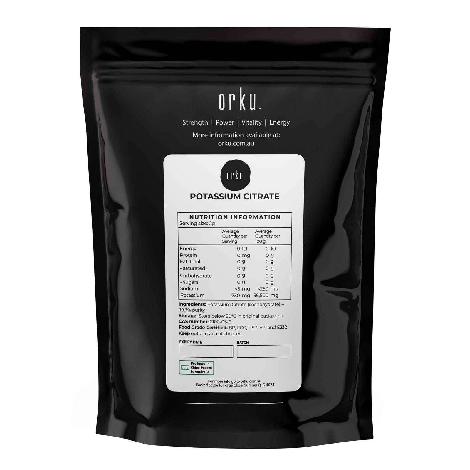 Orku 400g Potassium Citrate Food Grade - Granular BP USP FCC E332 Additive