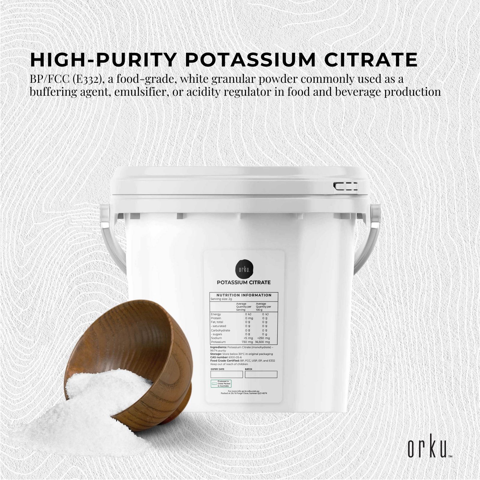 Orku 5Kg Potassium Citrate Food Grade Tub - Granular BP USP FCC E332 Additive