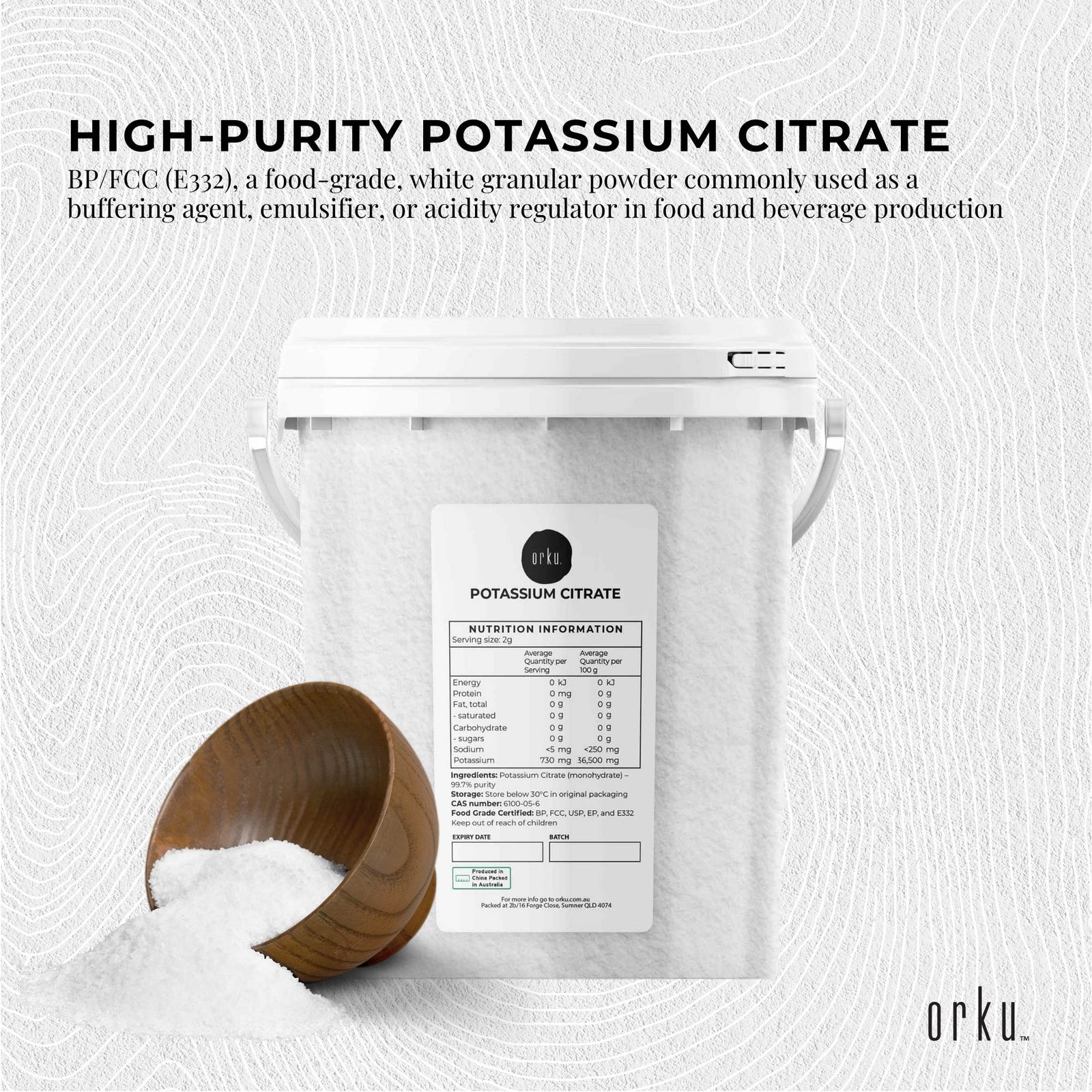 Orku 1.3Kg Potassium Citrate Food Grade Tub - Granular BP USP FCC E332 Additive