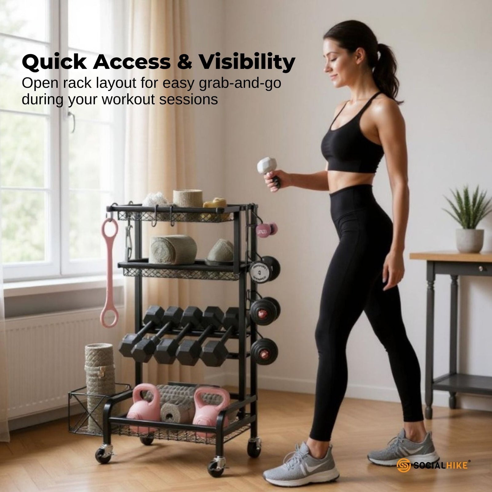 Social Hike Gym Equipment Storage Rack on Wheels - Dumbbells Weights Organiser
