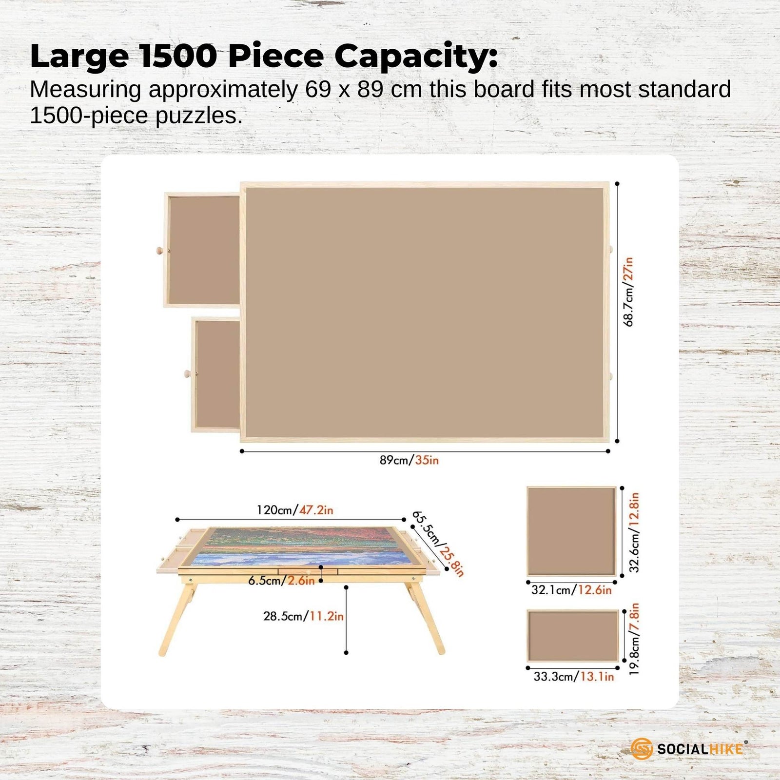 Social Hike 1500pcs Puzzle Board Table 6 Drawer with Cover - Wooden Folding Legs
