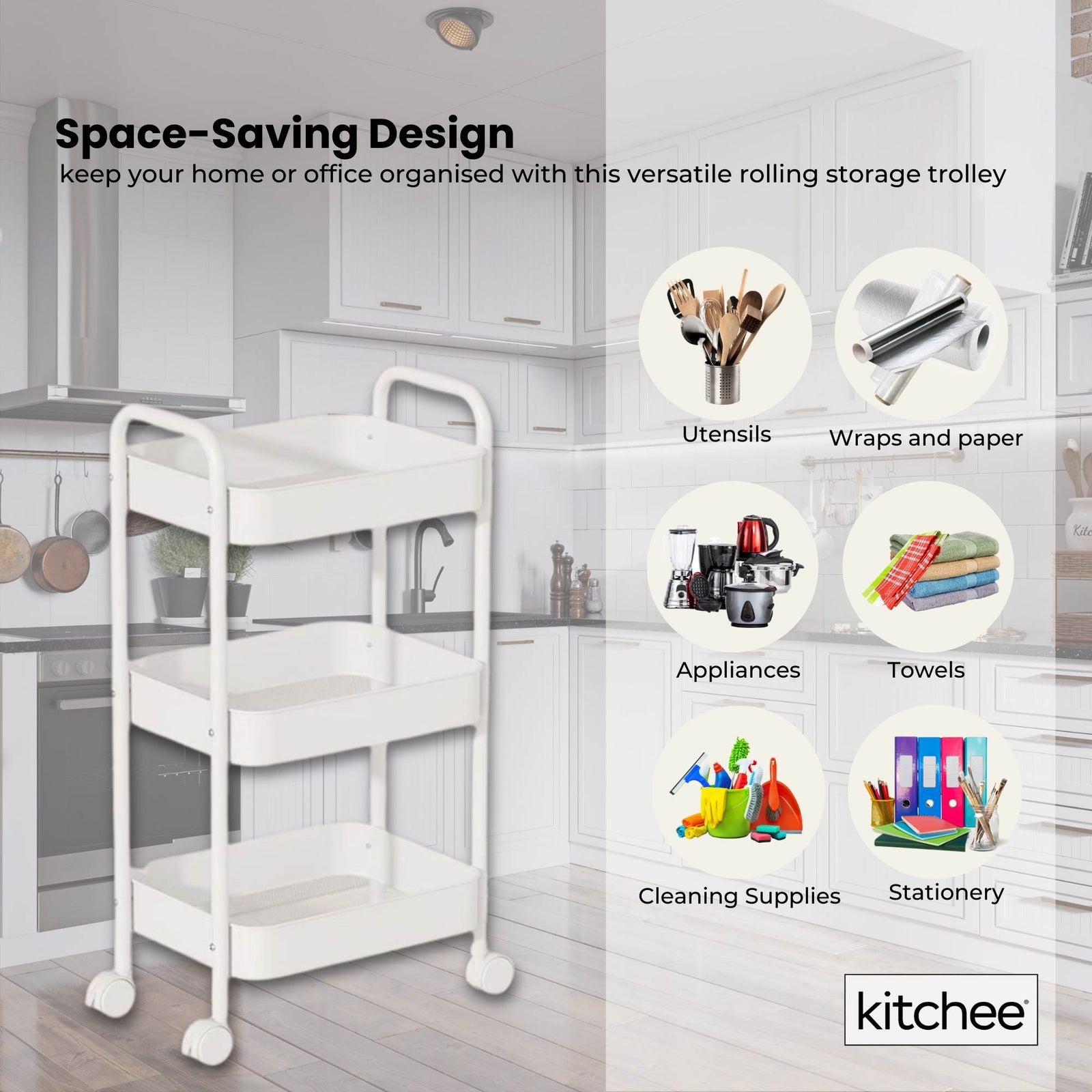 Kitchee 3-Tier Kitchen Storage Cart Trolley with Wheels - Shelf Organiser WHITE