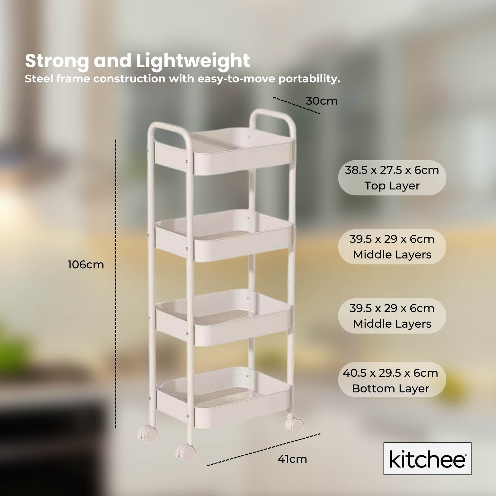 Kitchee 4-Tier Kitchen Storage Cart Trolley with Wheels - Shelf Organiser WHITE