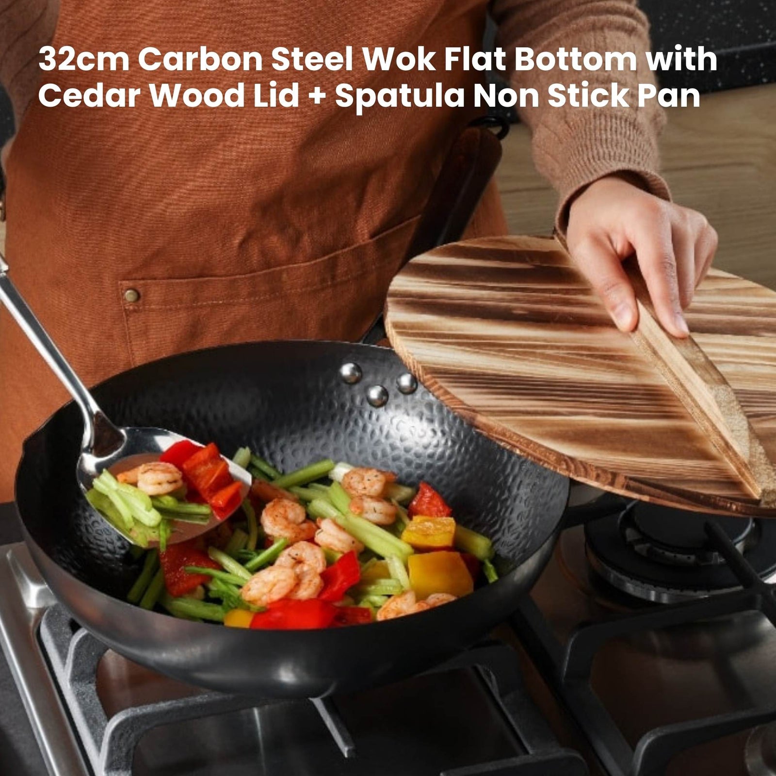 Kitchee 32cm Carbon Steel Wok Set Flat Bottom with Wood Lid + Spatula - Induction Ready
