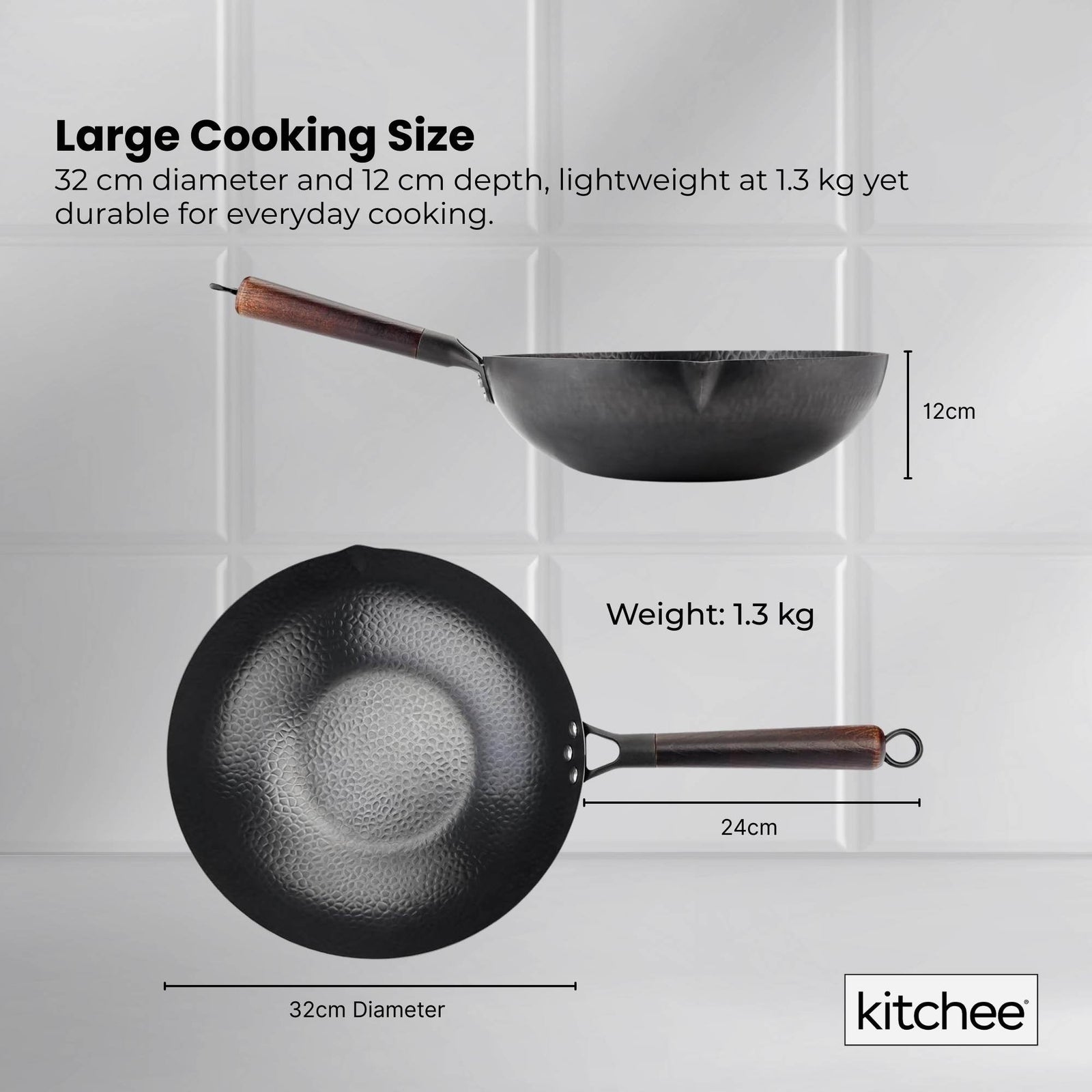 Kitchee 32cm Carbon Steel Wok Set Flat Bottom with Wood Lid + Spatula - Induction Ready