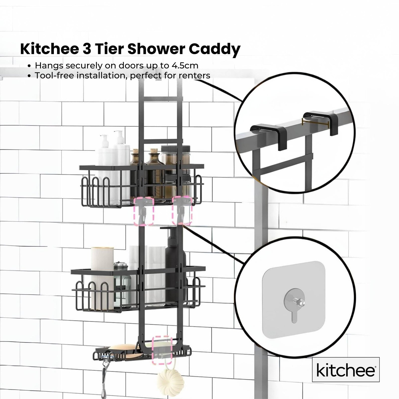 Kitchee 3 Tier Shower Caddy Over Door Bathroom Hanging Shelf Storage Rack Black