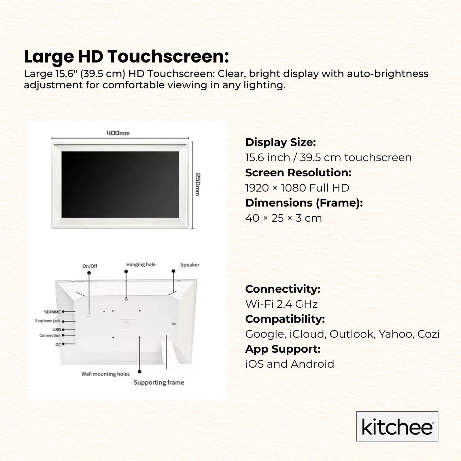 Kitchee Digital Calendar Smart Family Planner - 39.5cm Touchscreen Display White