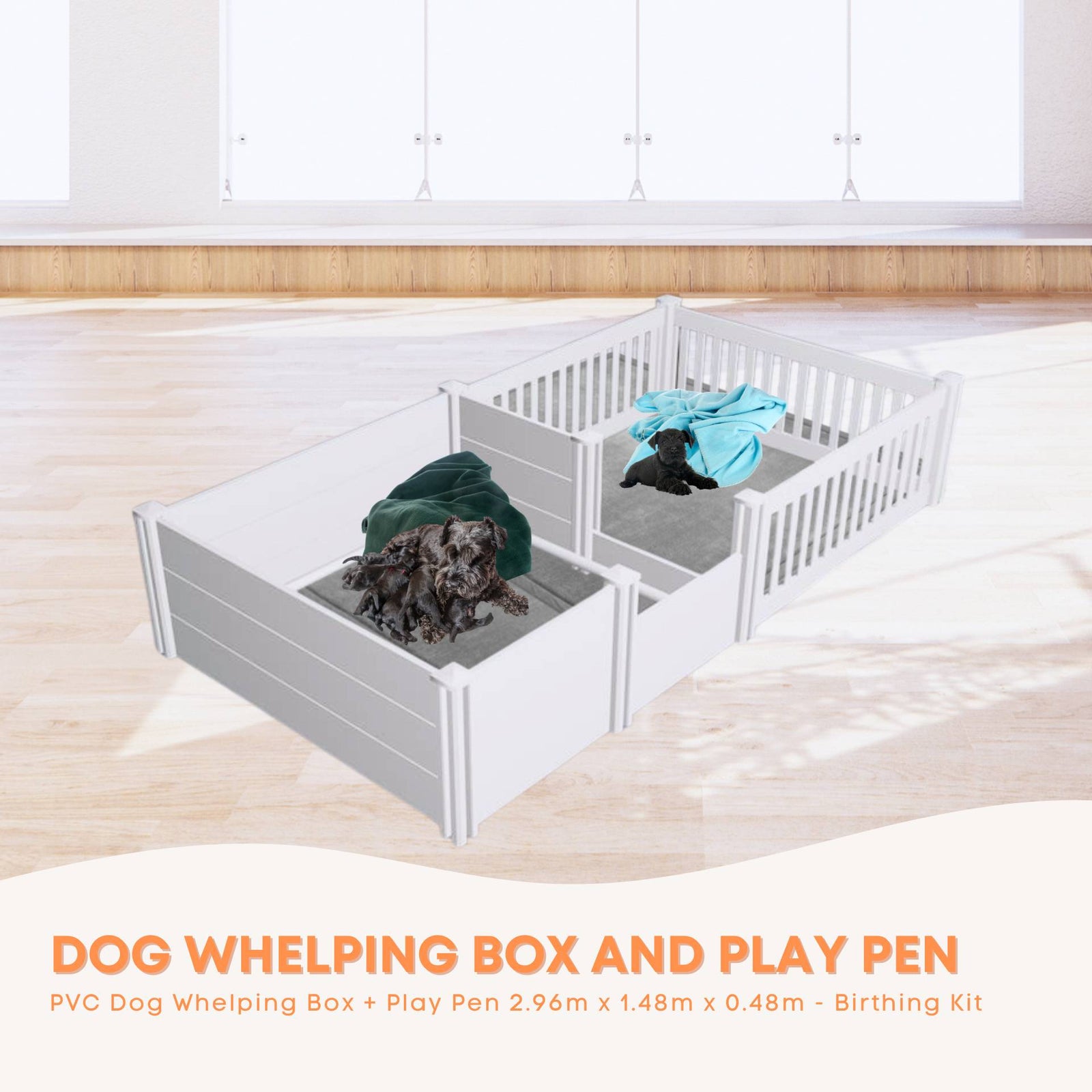Rooster Farms PVC Dog Whelping Box + Play Pen 2.96m x 1.48m x 0.48m - Birthing Kit