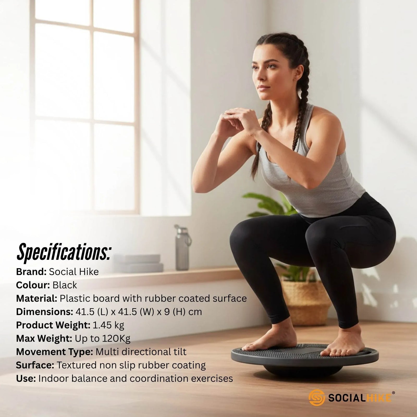 Social Hike Balance Board Wobble Non-Slip Round Exercise Trainer 41cm Black