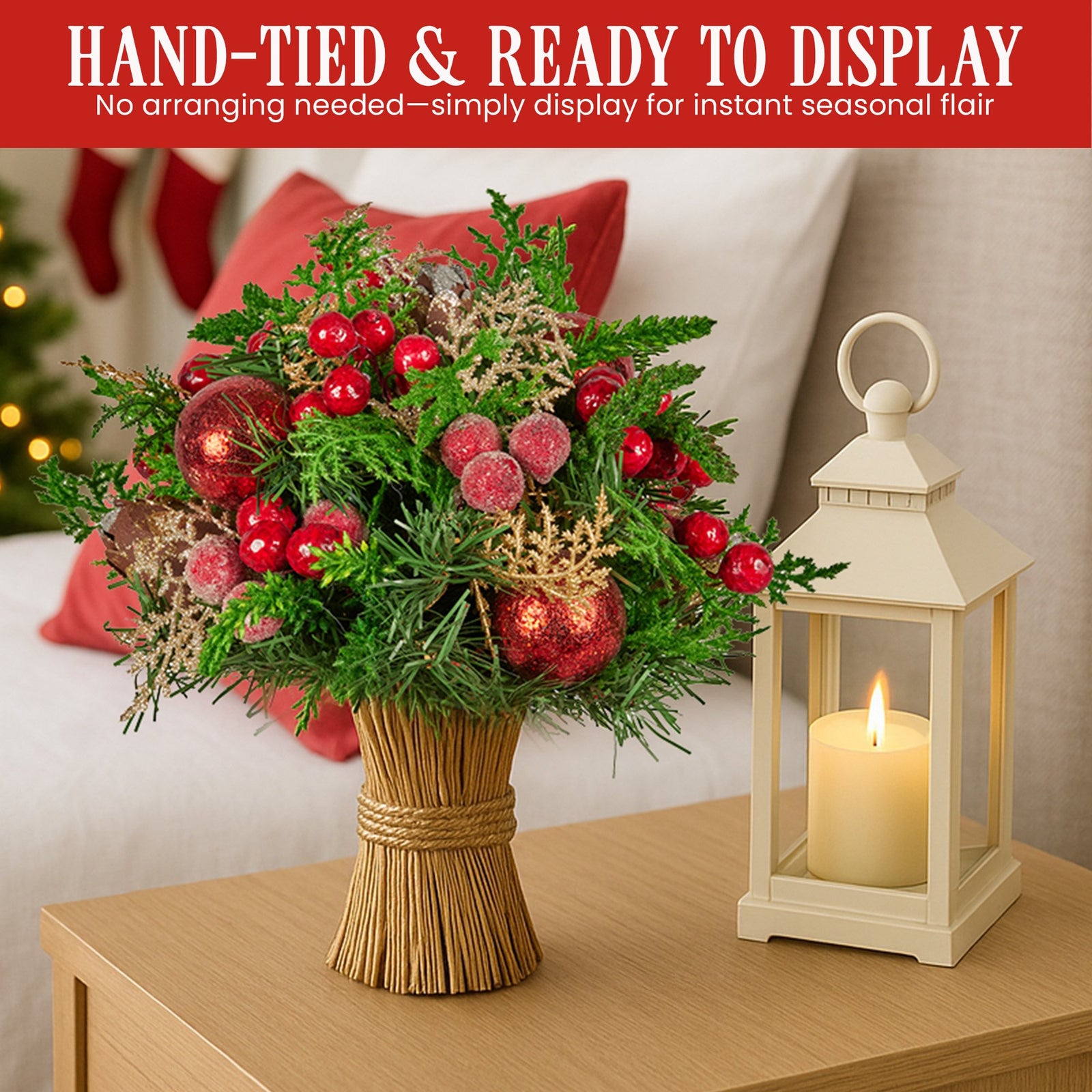 Christabelle 33cm Christmas Bouquet Pre-Decorated Holiday Floral Arrangement with Berries, Baubles & Pine Cones Festive Tabletop Centrepiece Decoration