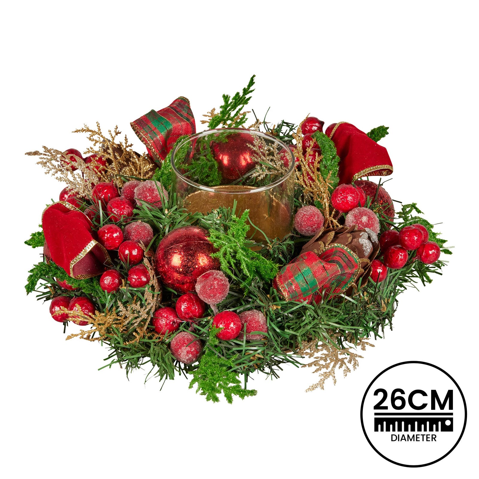 Christabelle 26cm Christmas Centrepiece Lush Green Holiday Display w/Red Berries & Hurricane Candle Holder Pre-decorated for Dining Table Console