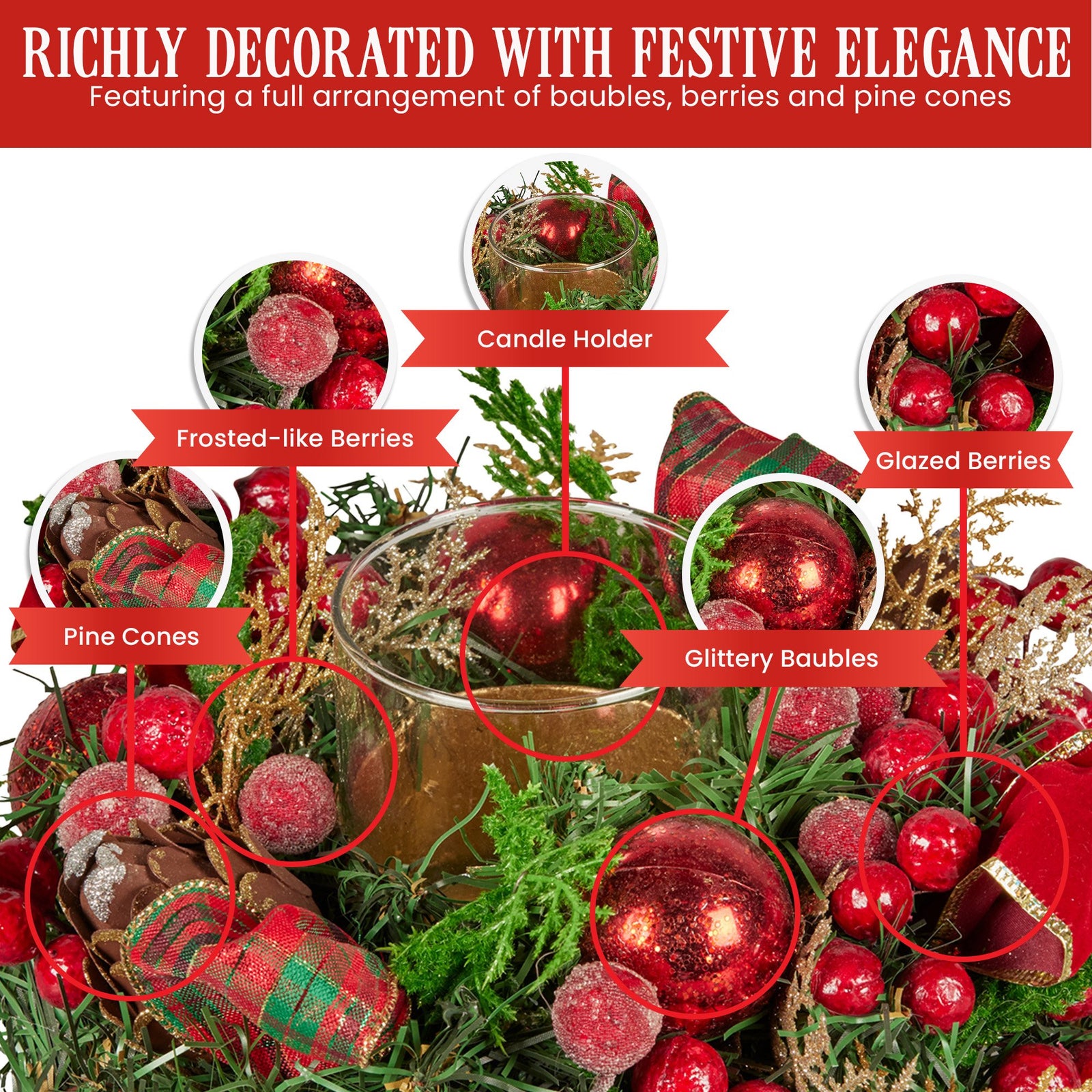 Christabelle 26cm Christmas Centrepiece Lush Green Holiday Display w/Red Berries & Hurricane Candle Holder Pre-decorated for Dining Table Console