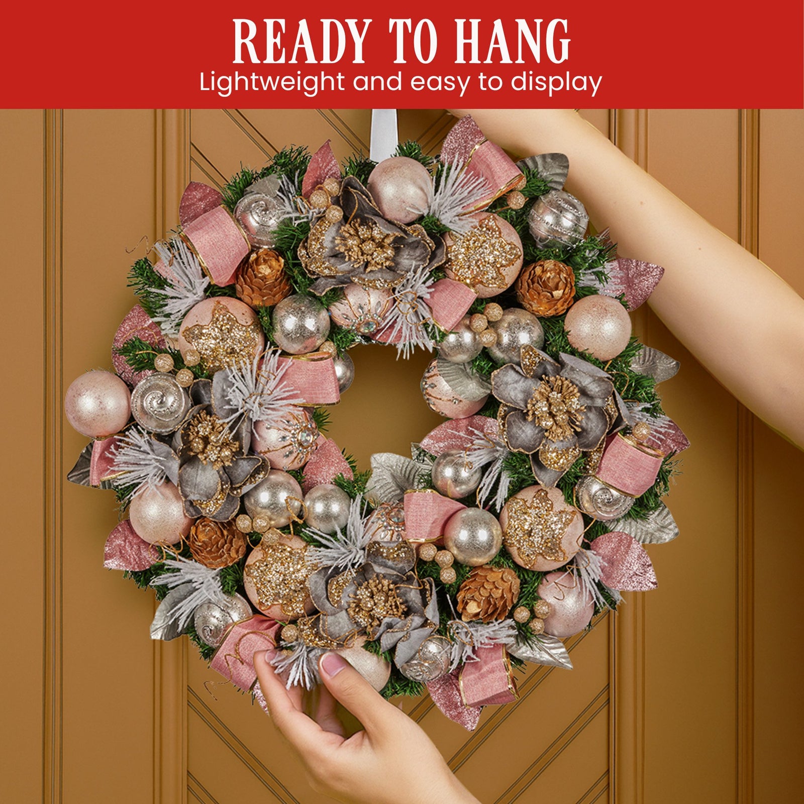 Christabelle 56cm Christmas Wreath Lush Green Holiday Door Wreath w/Jewelled Baubles, Foliage, Flowers, Pine Cones, Ribb