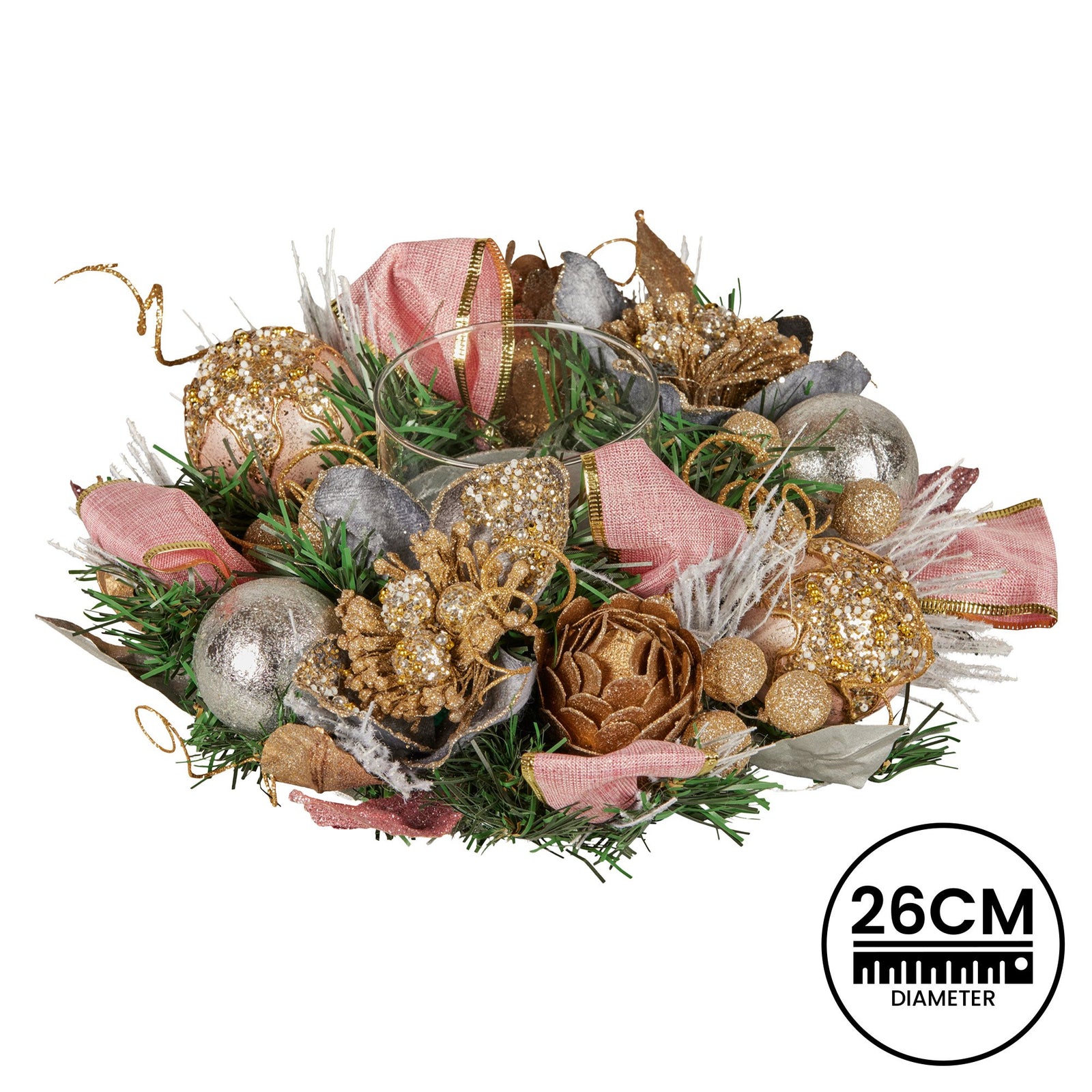 Christabelle 26cm Christmas Centrepiece Lush Green Holiday w/Jewelled Baubles, Foliage, Flowers, Pine Cones, Ribbon