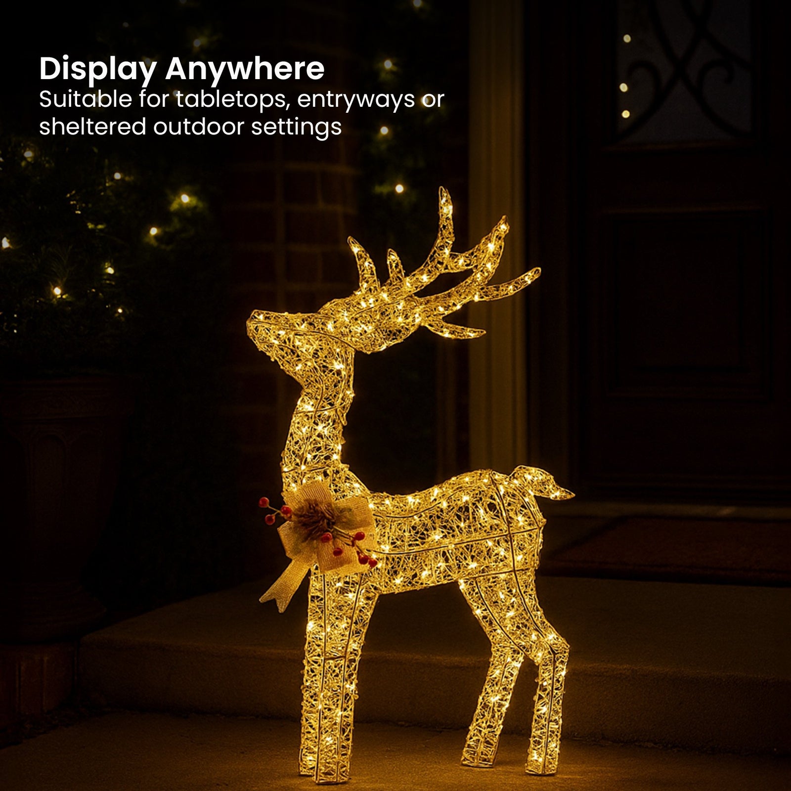 Christabelle Light Up Christmas Reindeer Display Indoor & Outdoor Decoration Warm White LED Lights Gold Bow Wire Frame