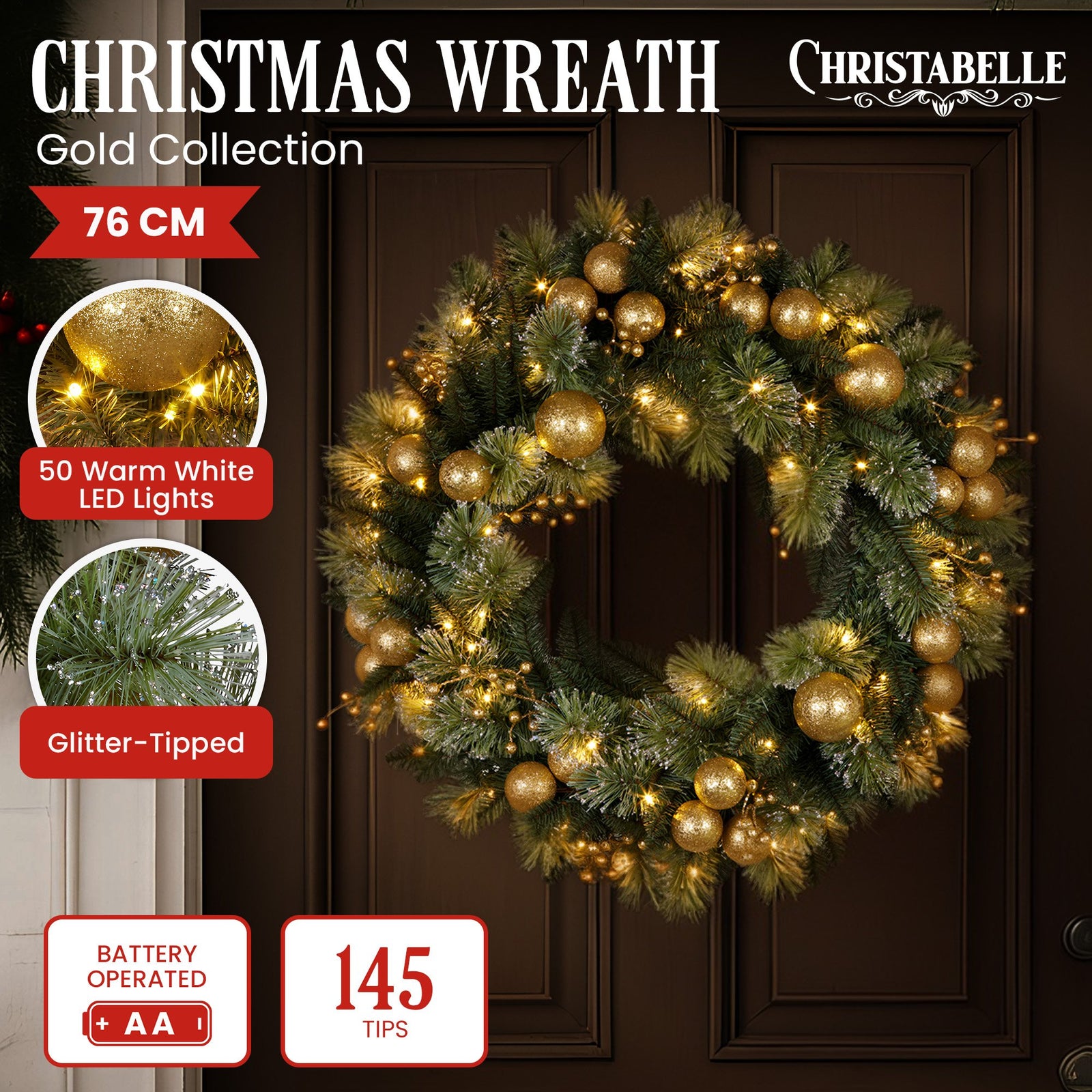 Christabelle 76cm Christmas Wreath Battery-operated Warm White Lights Xmas Decor