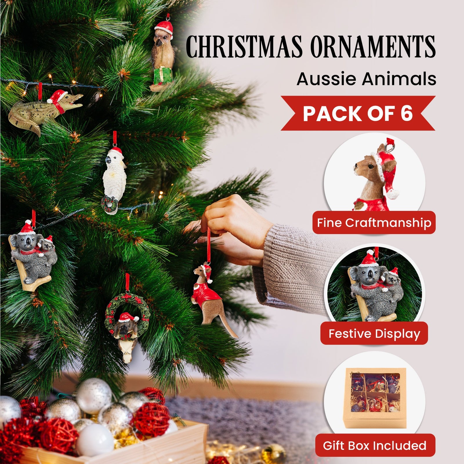 Christabelle Christmas Aussie Animals Pack of 6 Baubles Tree Decoration Ornaments Gift Pack