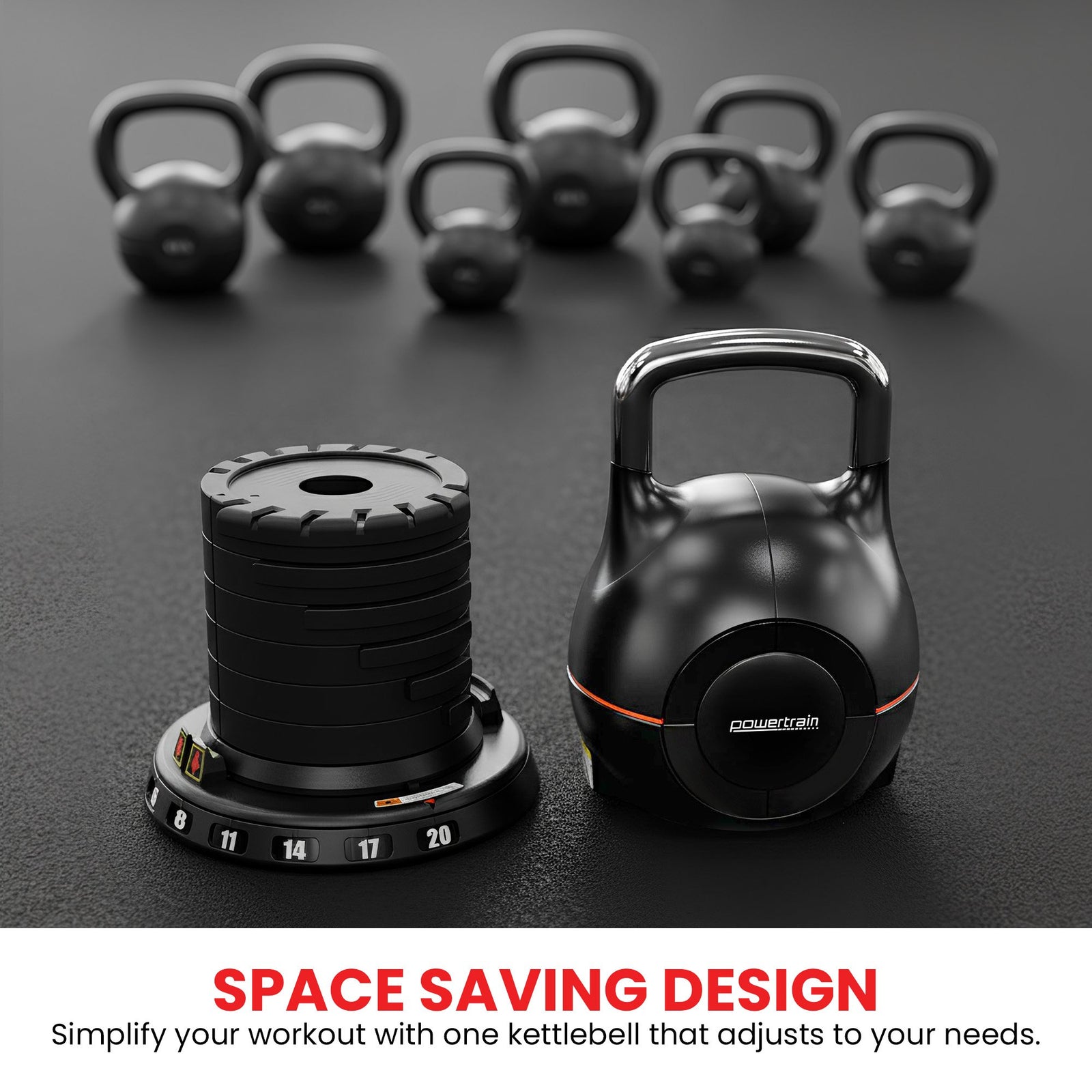 Powertrain Adjustable Kettlebell 20kg 7 in 1 Weight Selection Set w/Quick One Hand Adjustment Secure Locking System