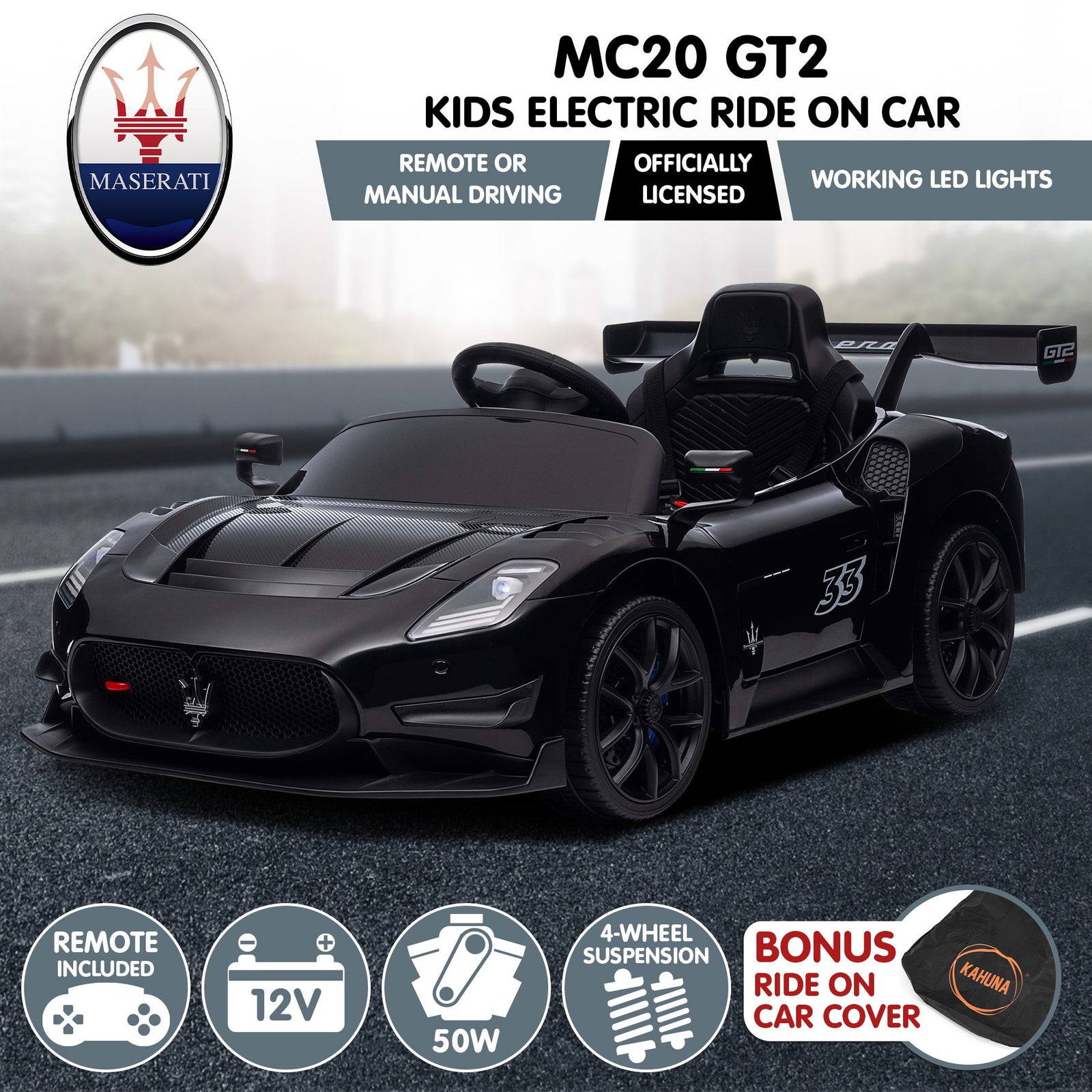 Kahuna Maserati MC20 GT2 Licensed Electric Kids Ride On Race Car Black