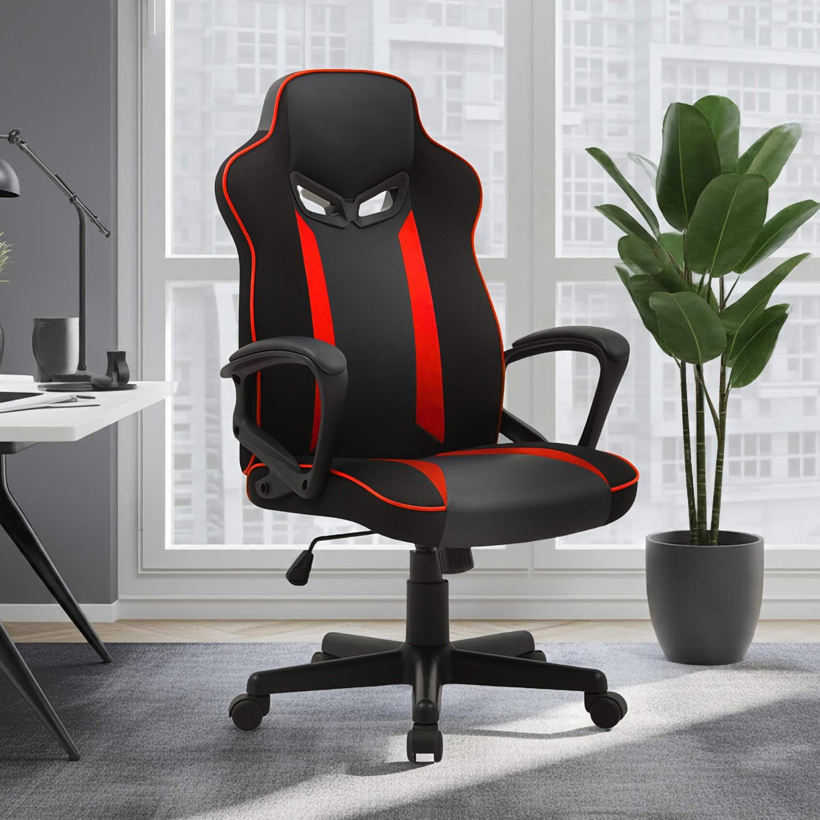 Sarantino Fayzo Racing Reclining Office Gaming Chair Black And Red Adjustable Computer Desk Seat With Adjustable Height, Breathable Mesh Back, Padded Armrests