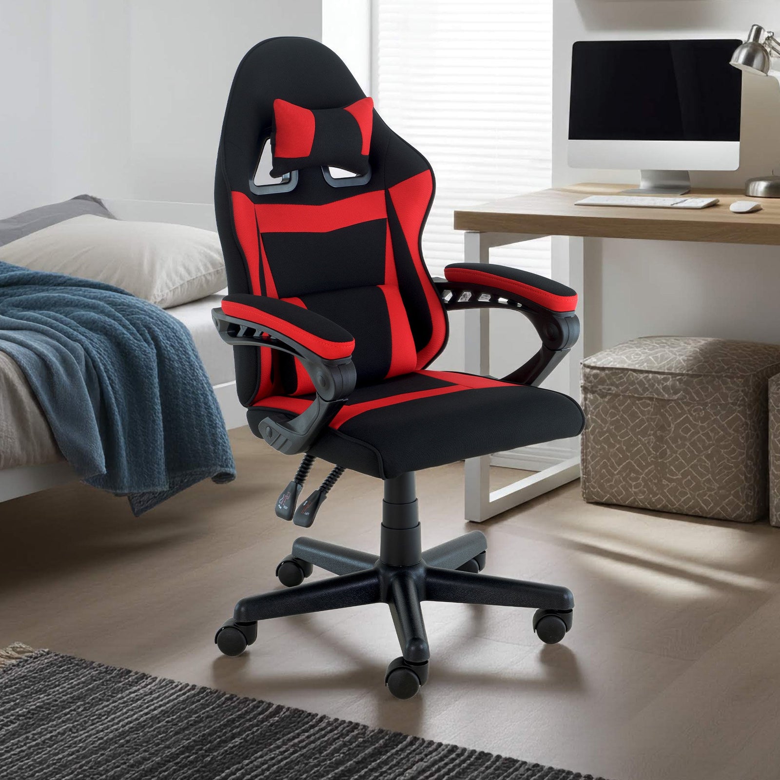 Sarantino Antre Kids Study Gaming Chair Black Red Computer Desk Seat Adjustable Height, Ergonomic Back Support, Padded Armrests