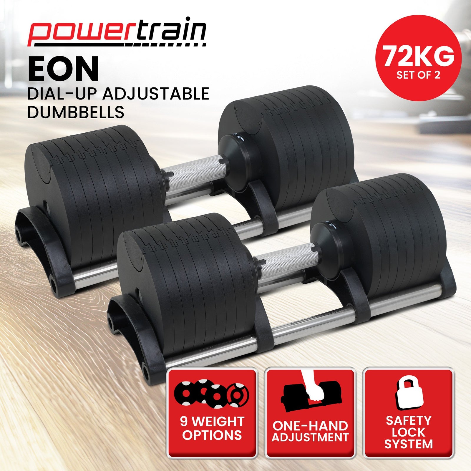 Powertrain Eon 2 x 36kg Dial-Up Adjustable Dumbbell Home Gym Weights