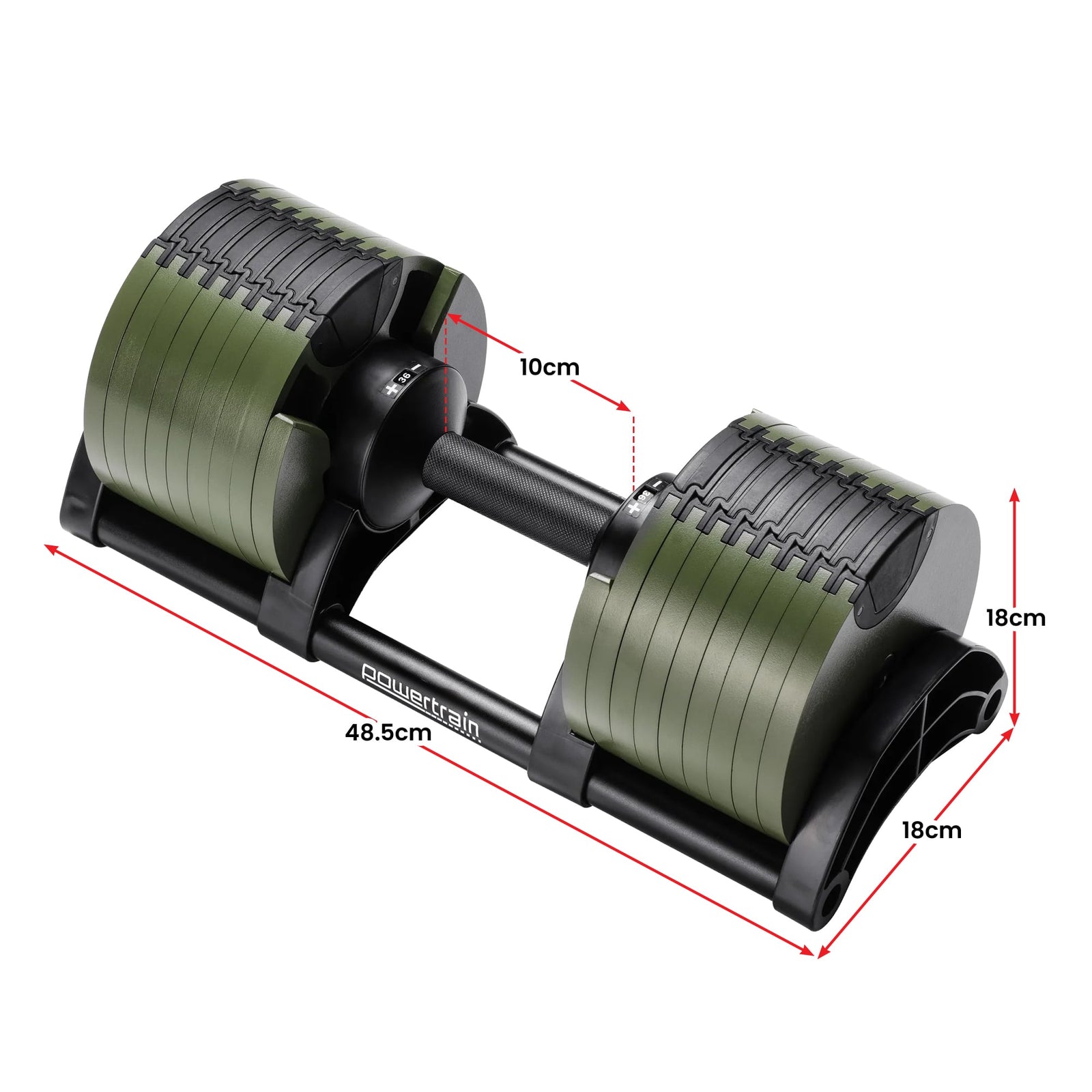 Powertrain Eon Dial-Up 72KG Adjustable Dumbbells Pair with Stand - Green