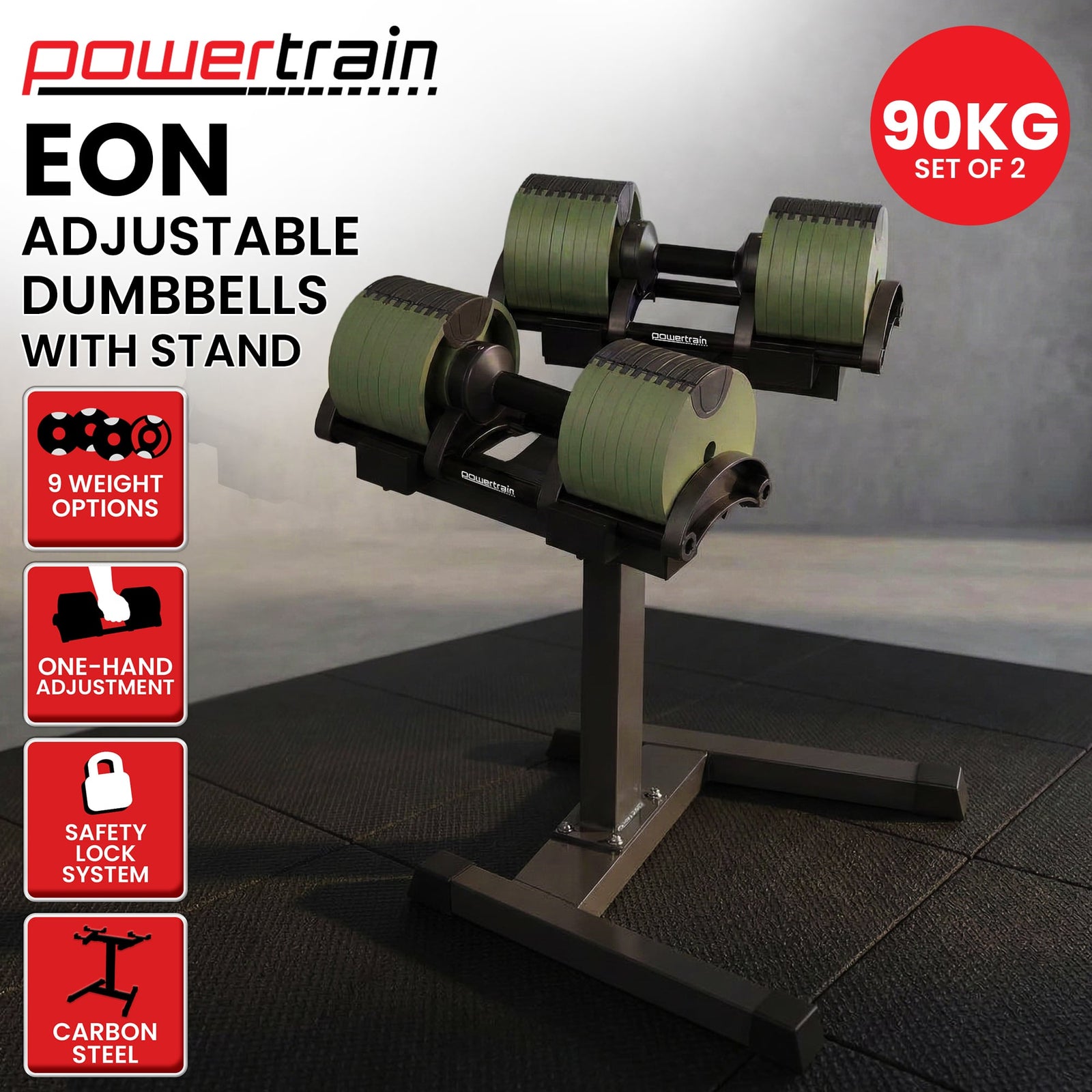 Powertrain Eon Dial-Up 90KG Adjustable Dumbbells Pair with Stand - Green