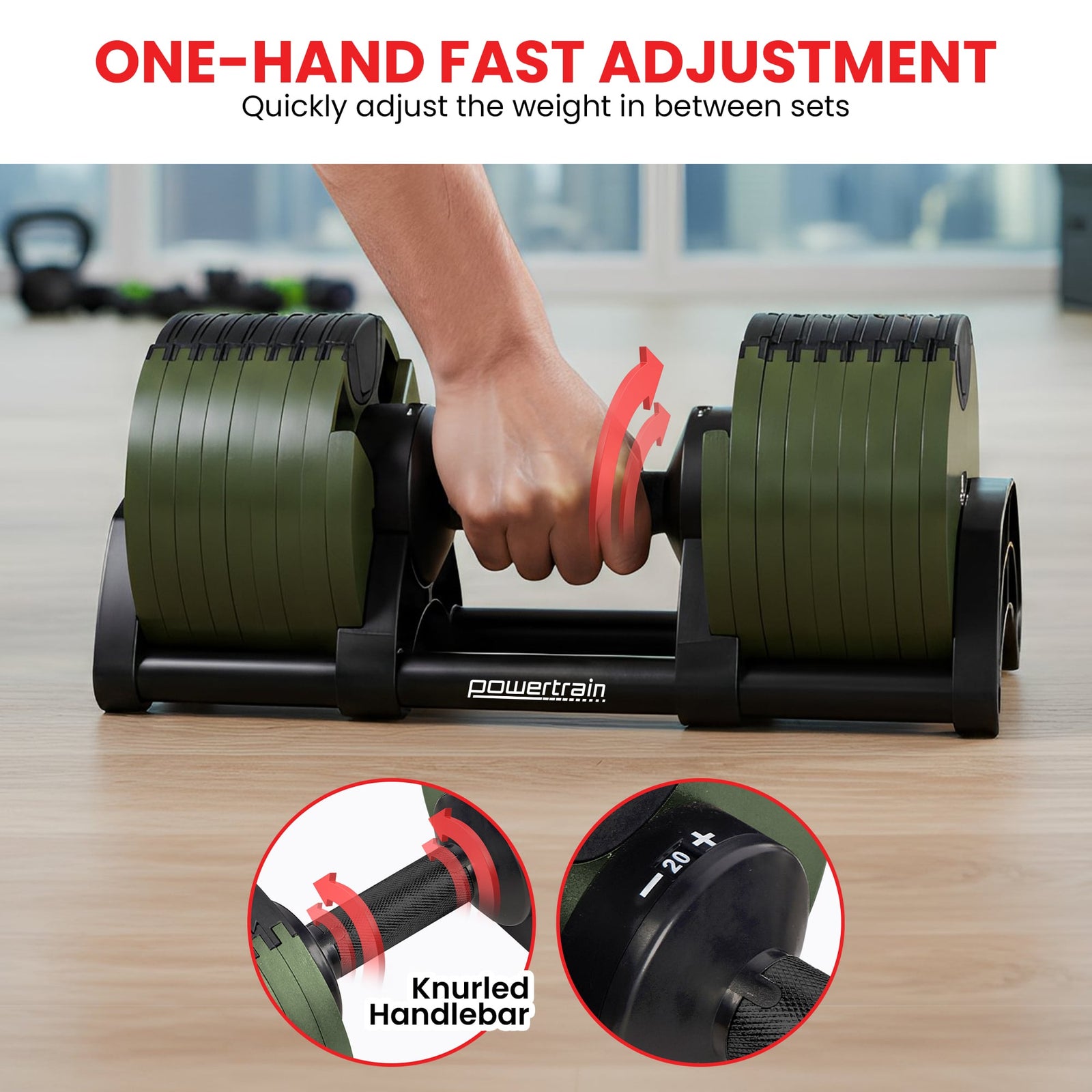 Powertrain Eon Dial-Up 90KG Adjustable Dumbbells Pair with Stand - Green
