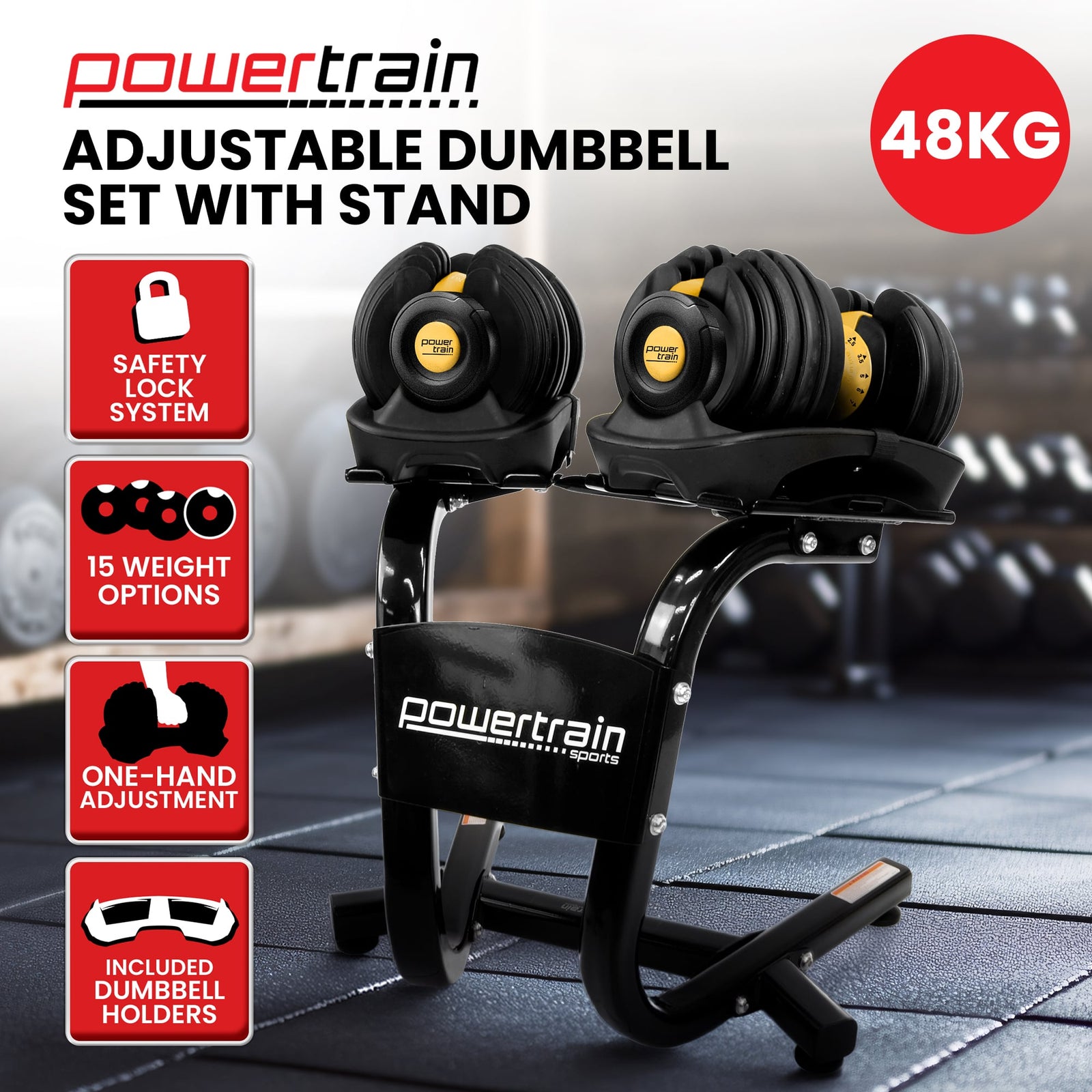 Powertrain 48KG Adjustable Dumbbell Set With Stand - Gold