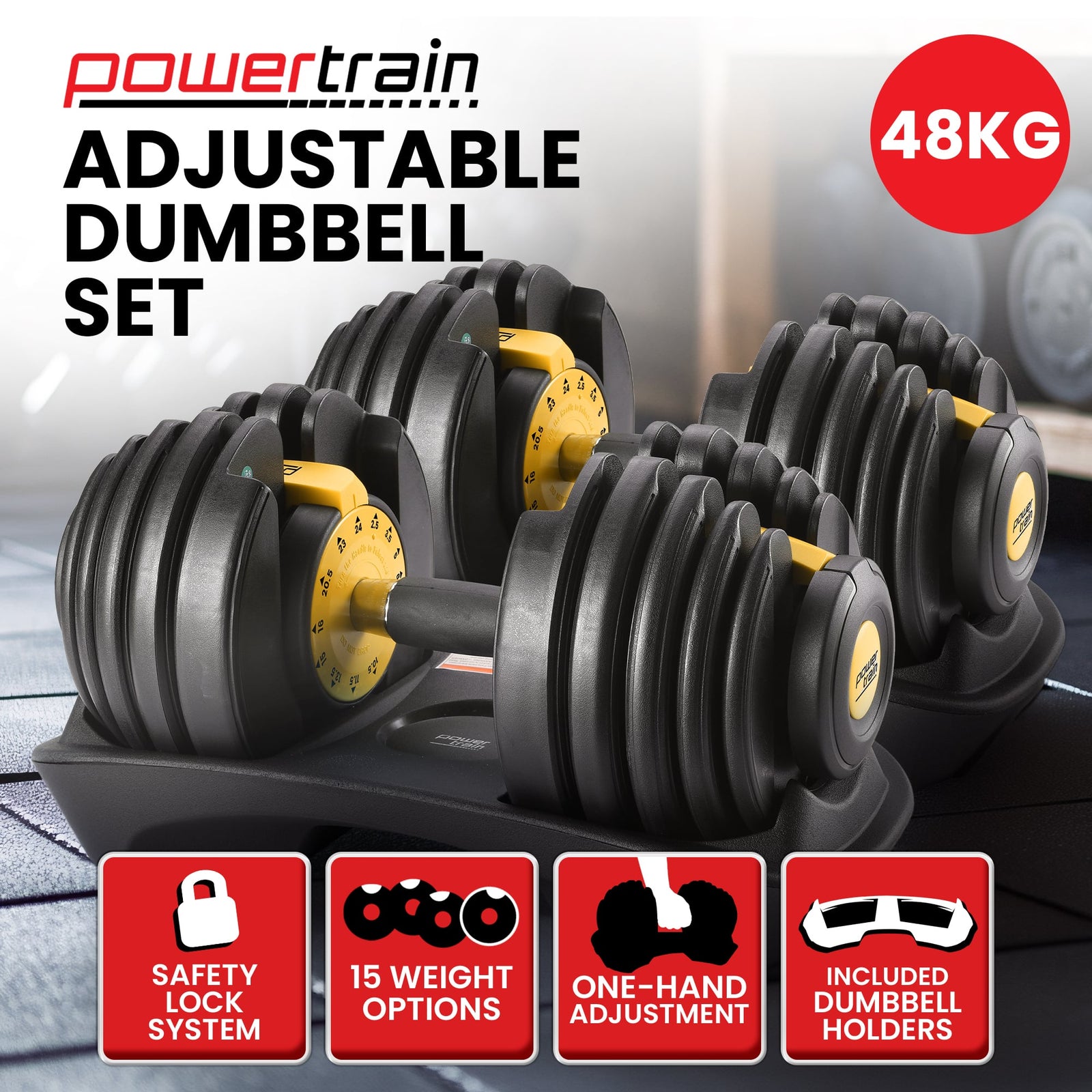 Powertrain 48kg Adjustable Dumbbell Home Gym Set Gold
