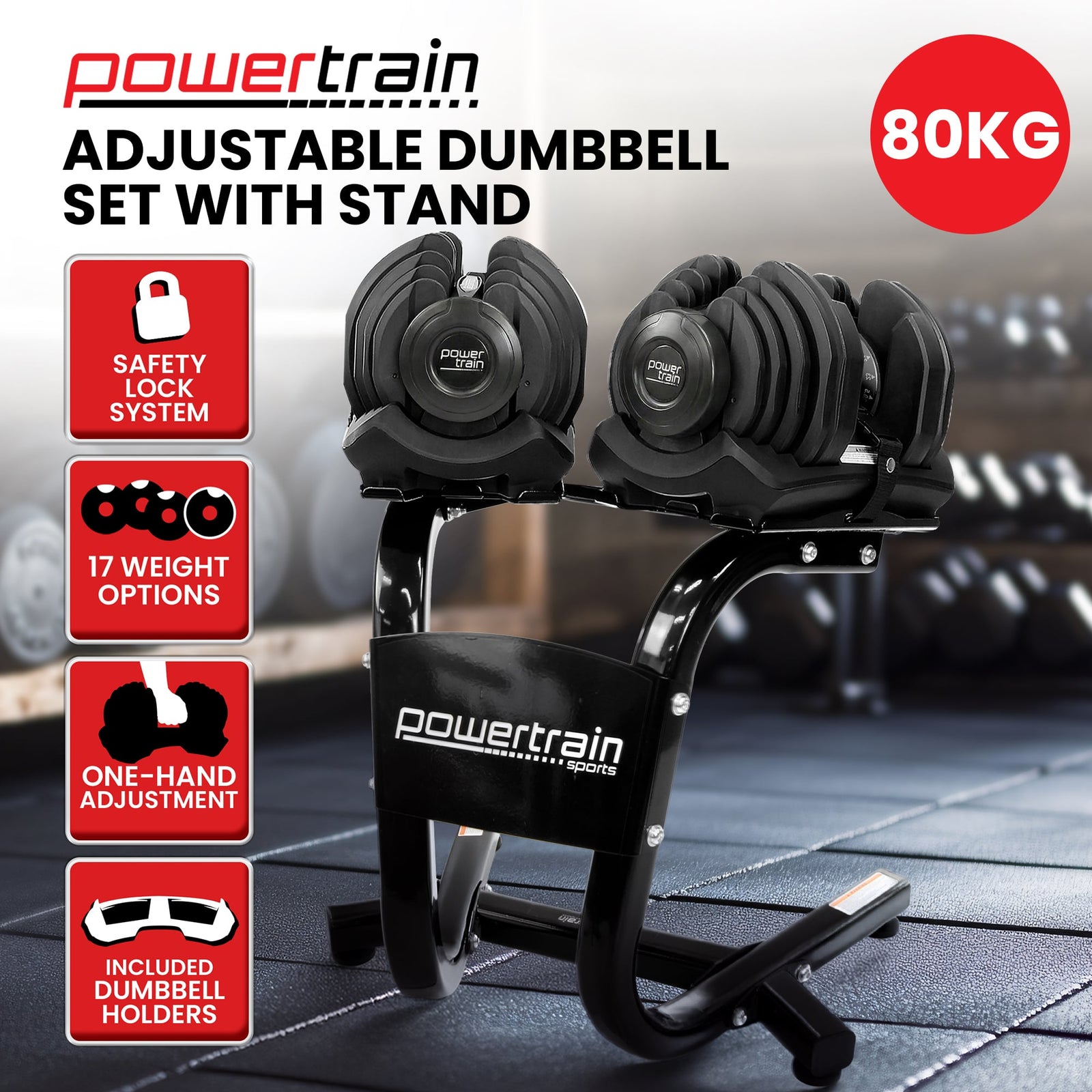 Powertrain 2x 40kg Powertrain Adjustable Dumbbells with Stand