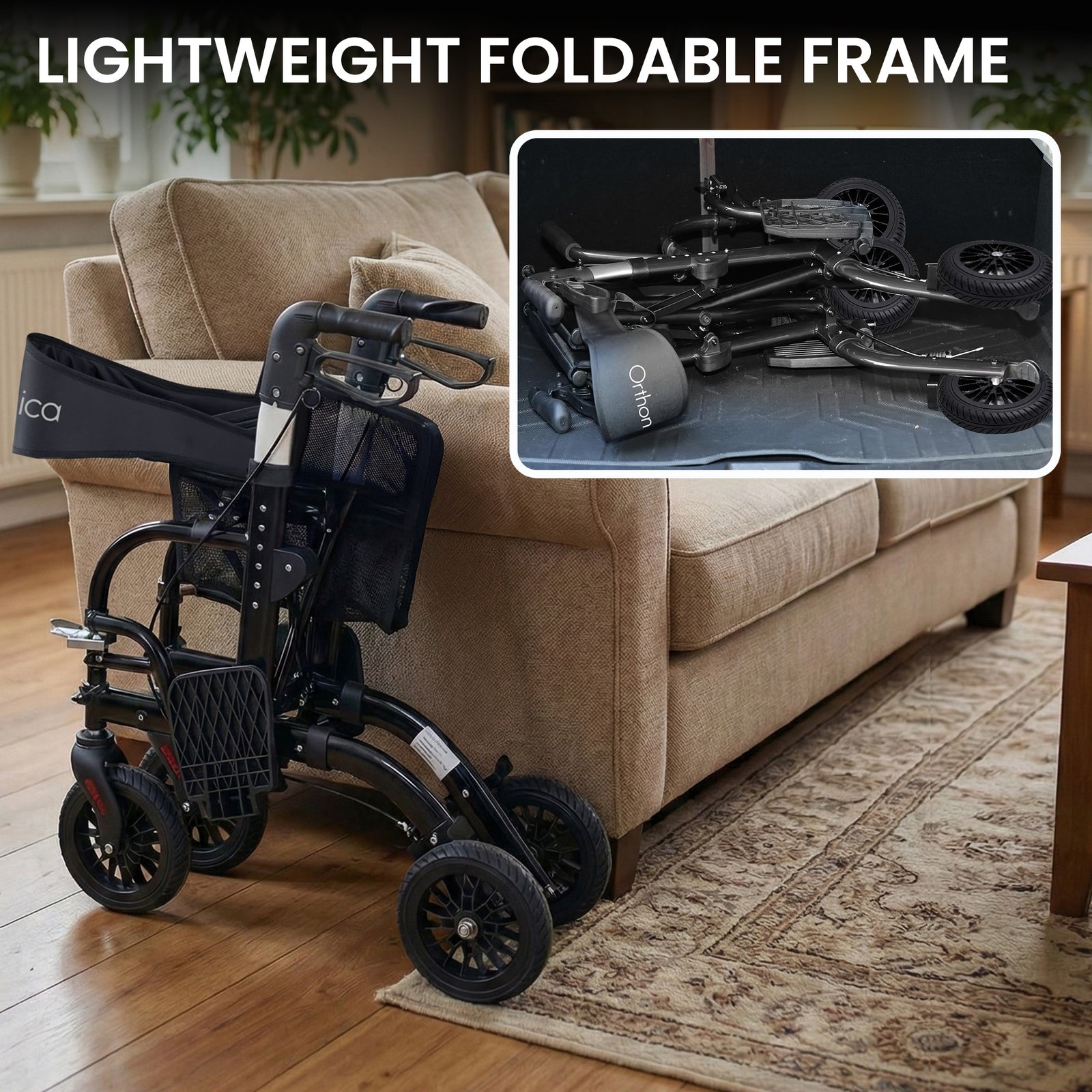 Orthonica Aluminium 2-in-1 Rollator Wheelchair with Foldable Frame – Black & Silver