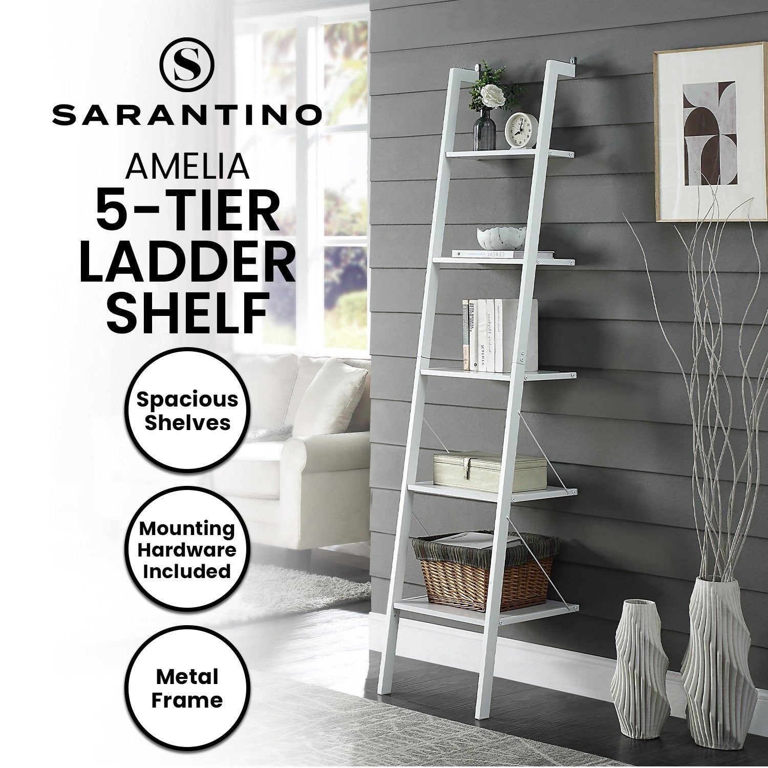 Sarantino Amelia 5-Tier Ladder Shelf in White