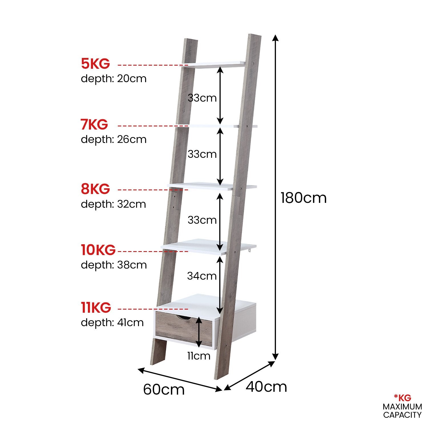 Sarantino Mira 5-tier Ladder Shelf In White And Grey Oak