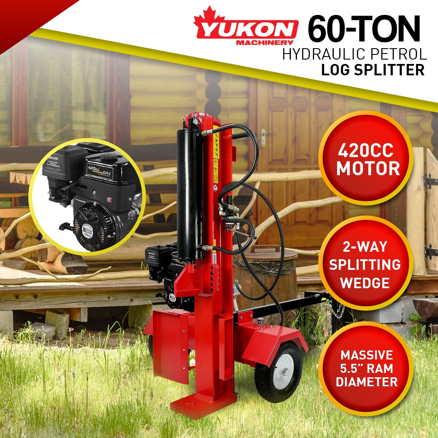 Yukon 60 Ton 420cc Hydraulic Log Splitter Petrol Engine Wood Firewood Cutter