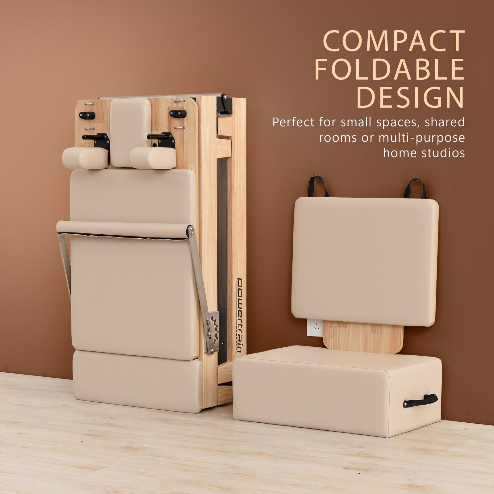 Powertrain Selina Pilates Reformer Machine Wooden Folding Multifunctional Home Gym Equipment with Jumpboard & Sitting Box Oak Beige