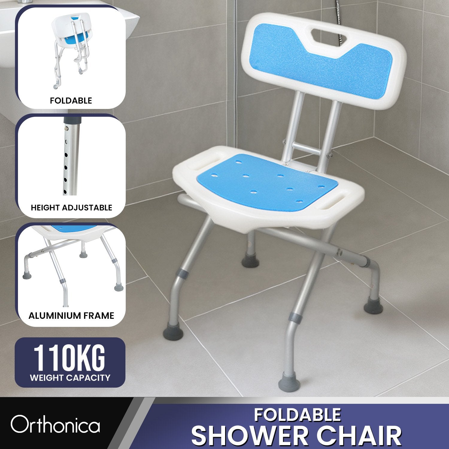 Orthonica Compact & Foldable Commode Shower Chair w/Height Adjustable Aluminium Frame Non Slip Feet HDPE Seat & Backrest