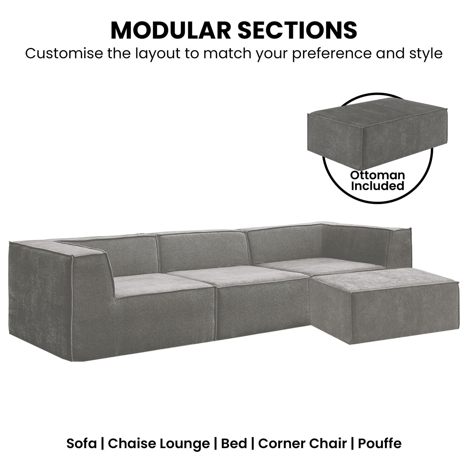 Sarantino Novi 3-Seater Modular Sofa with Ottoman in Grey Non-Slip Bottom Lounge