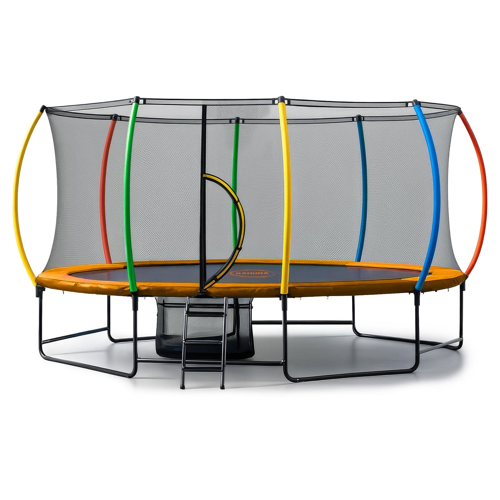 Kahuna 10 ft x 15 ft Oval Outdoor Trampoline with Reversible Rainbow & Orange Safety Pad Safety Net and Ladder