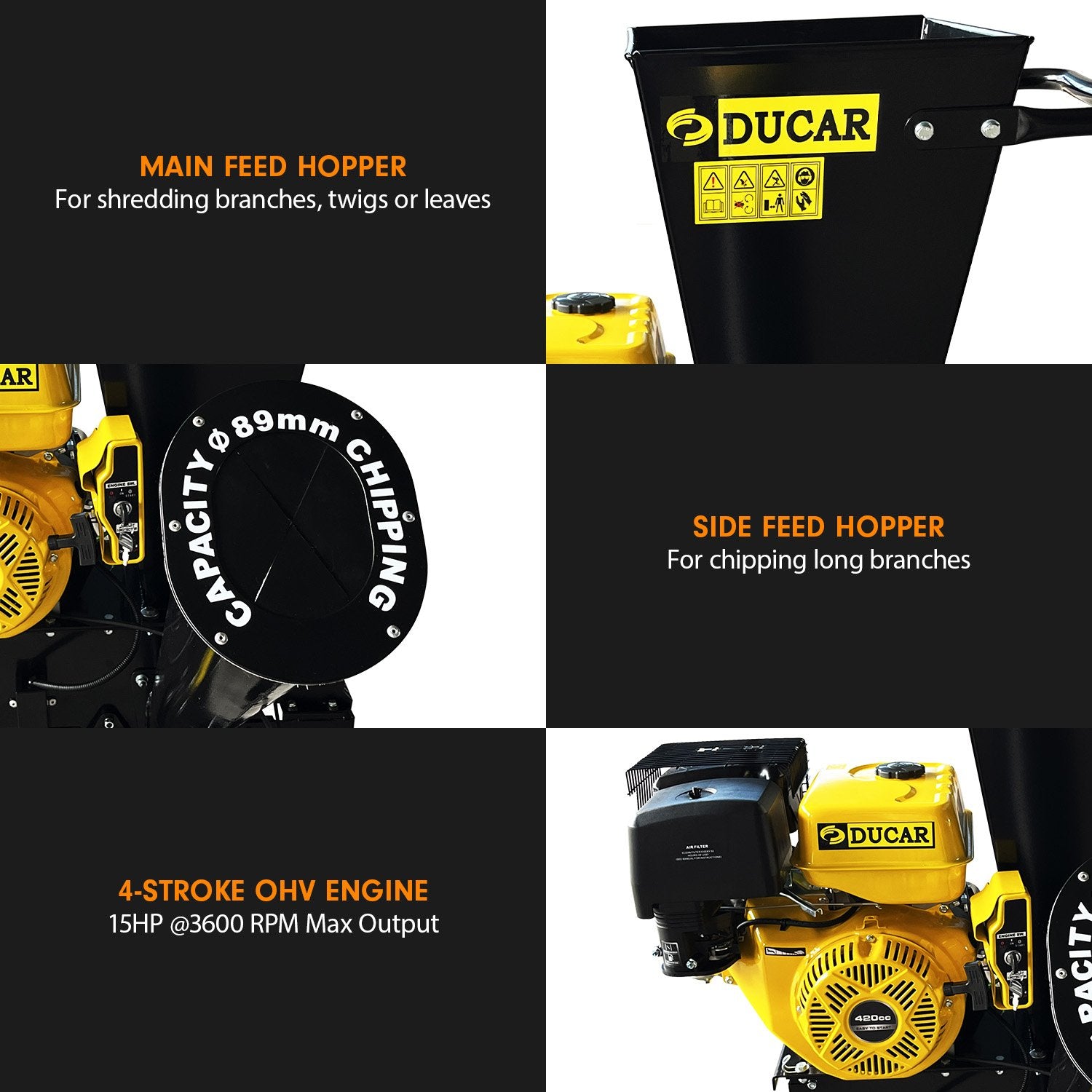 Ducar 89mm Key Electric Start Wood Chipper 420cc 15hp 4-stroke Engine Unleaded Petrol Garden Shredder Mulcher Grinder - 601c Black
