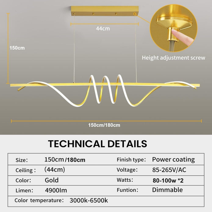 BAMDECOR A202 Modern LED Linear Pendant Lights with Dimmable LED (160cm/180cm-Gold) 1.8 Meters